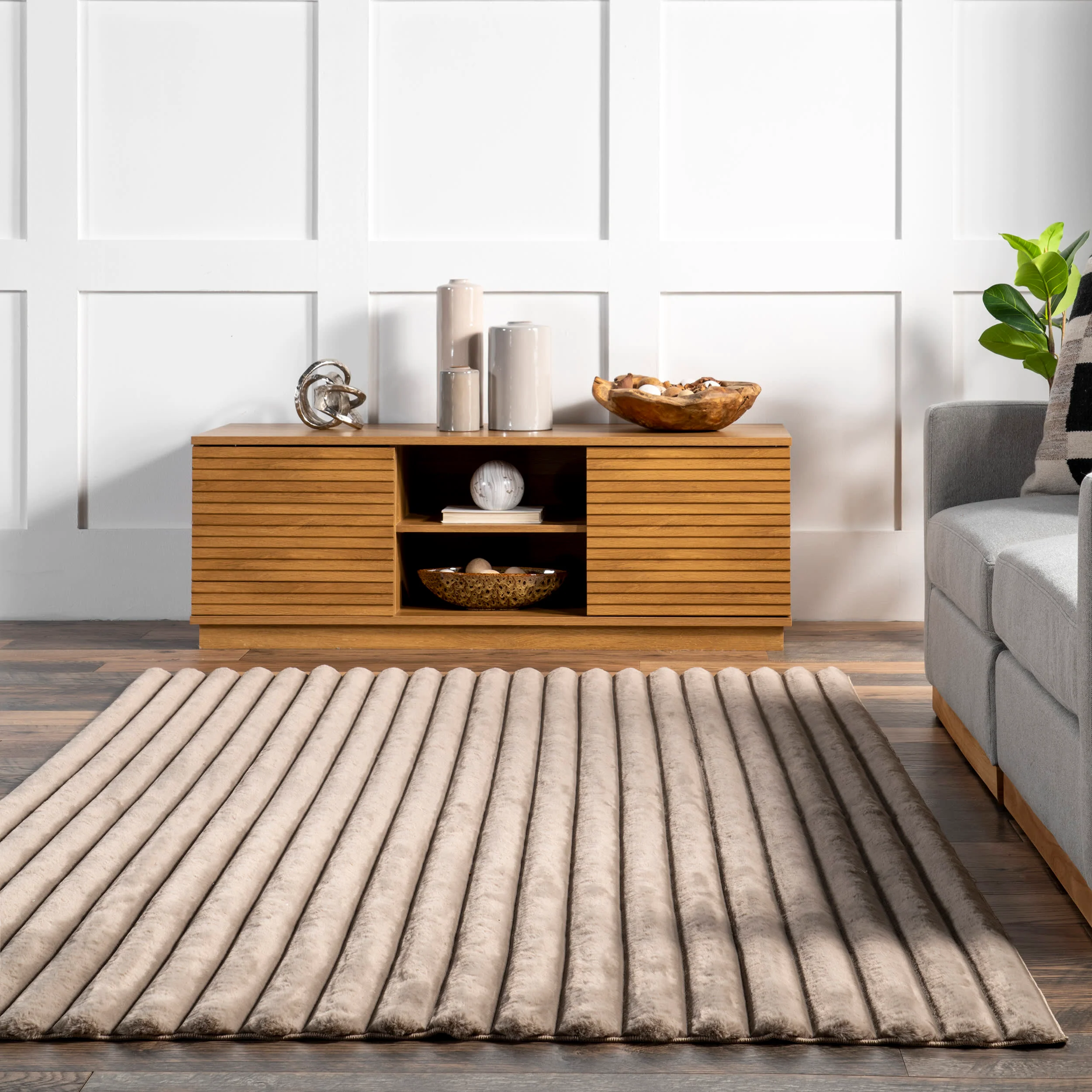 Kris Striped Plush Cloud Washable Rug | Taupe - Image 4