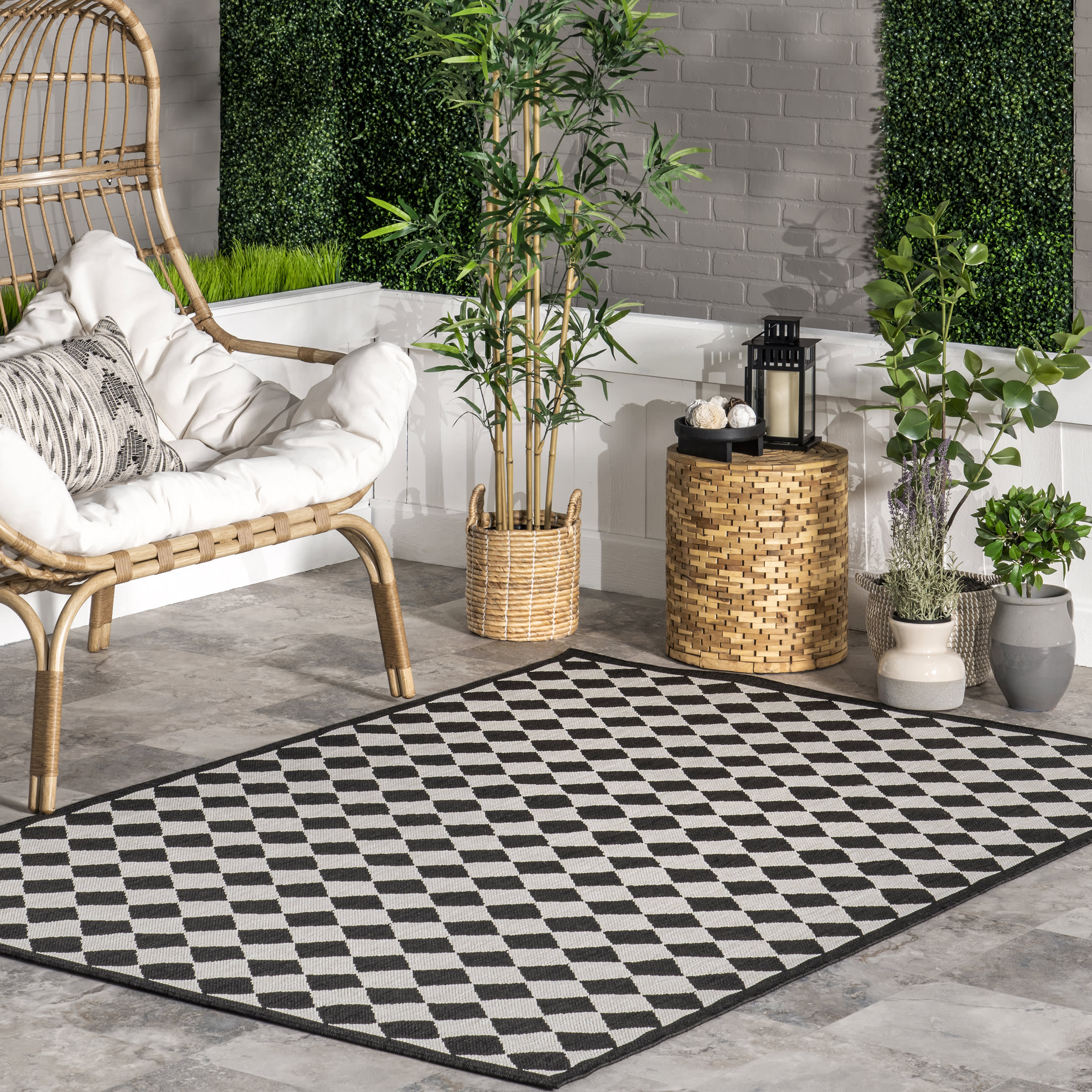 Kristy Classic Checkered Indoor/Outdoor Rug | Black & Off White - Image 2