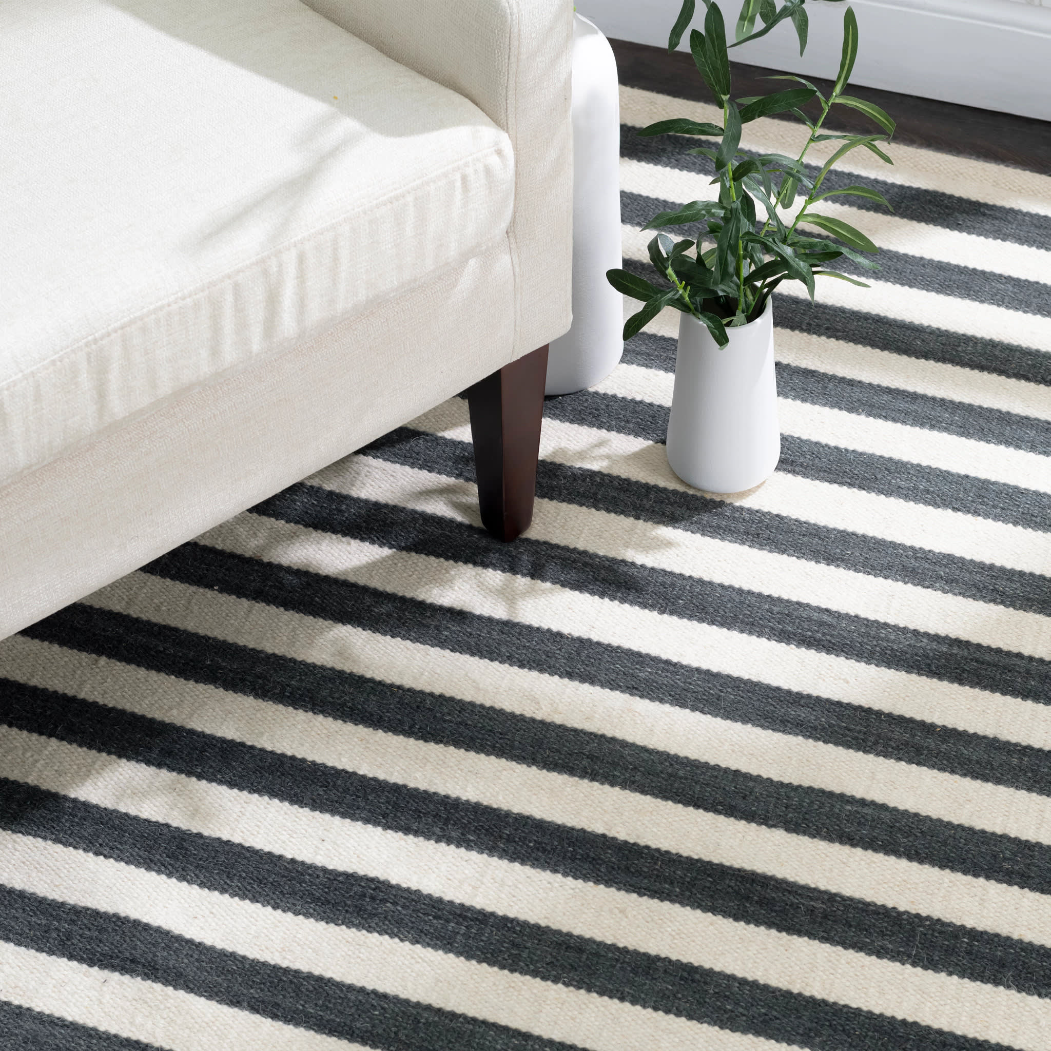 Ladder Stripe Handwoven Wool Rug | Black/Ivory - Image 3