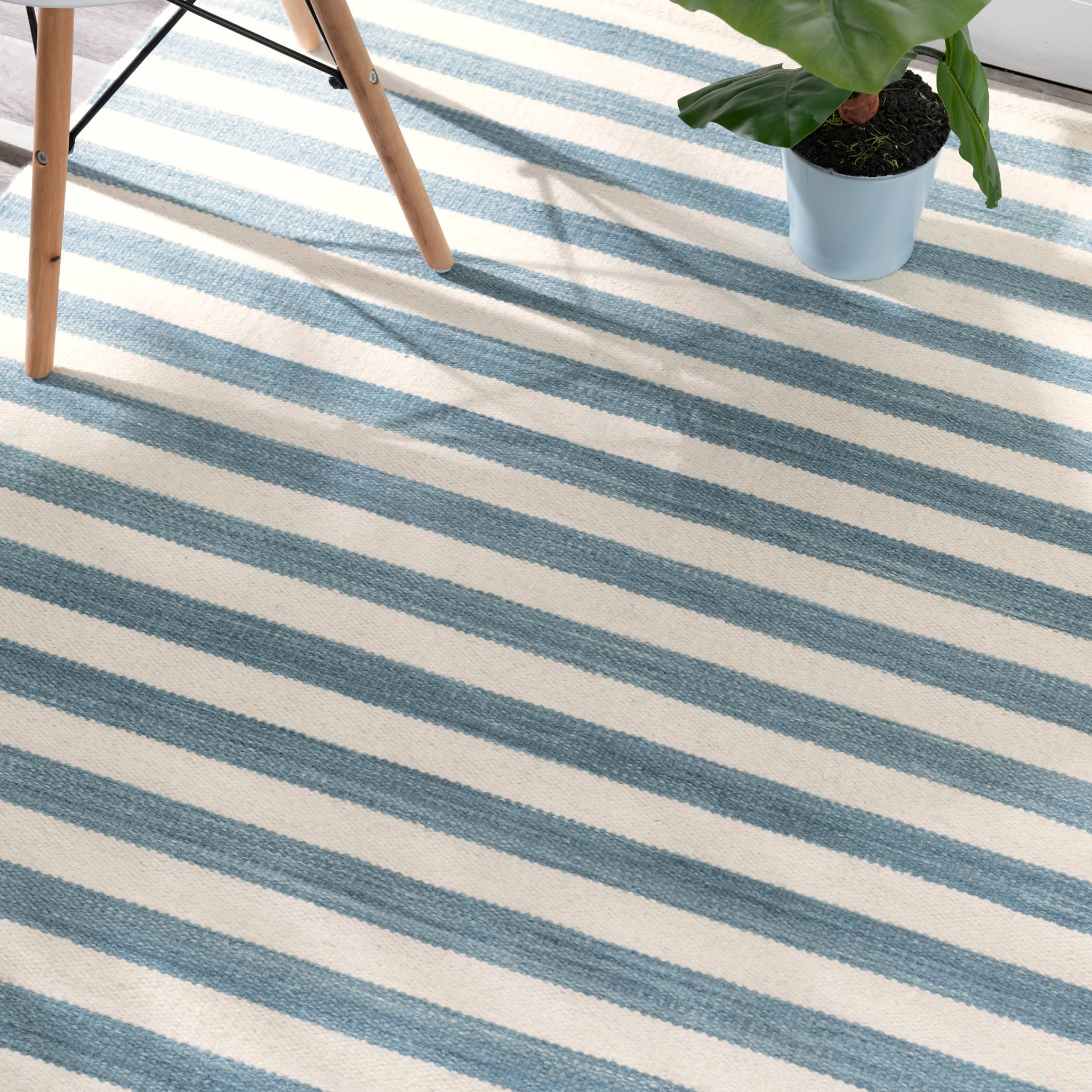 Ladder Stripe Handwoven Wool Rug | Blue/Ivory - Image 3