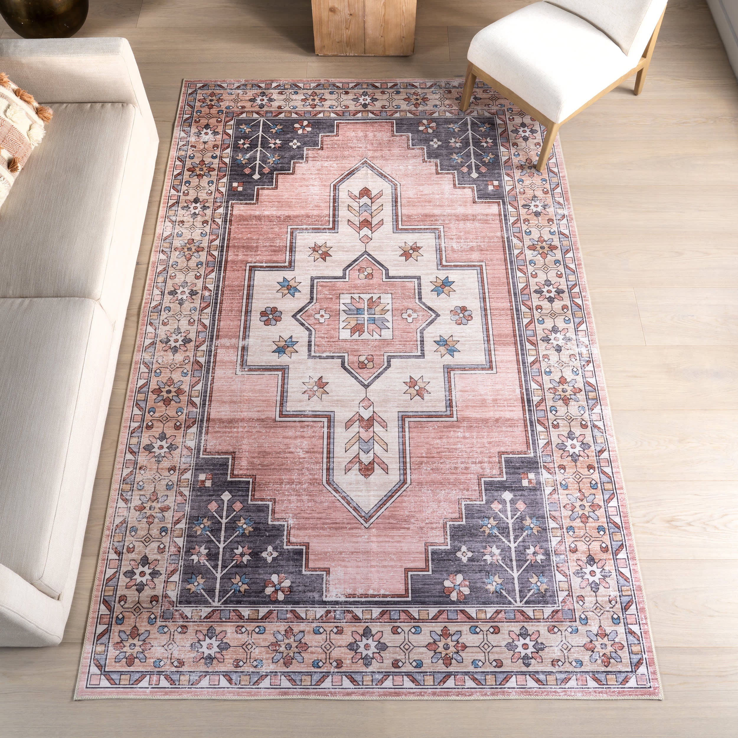 Laurel Medallion Spill Proof Washable Rug | Blush - Image 2