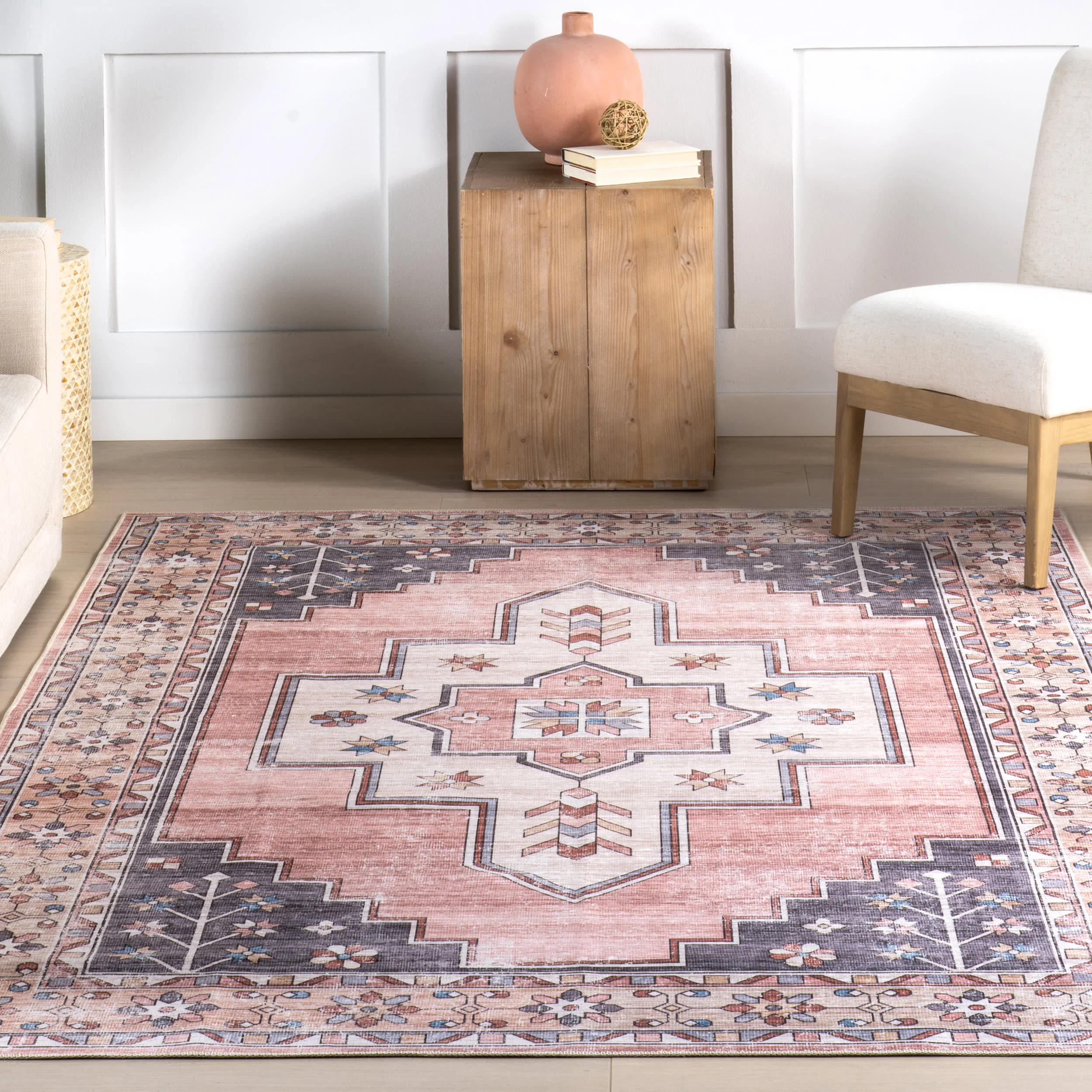 Laurel Medallion Spill Proof Washable Rug | Blush - Image 5