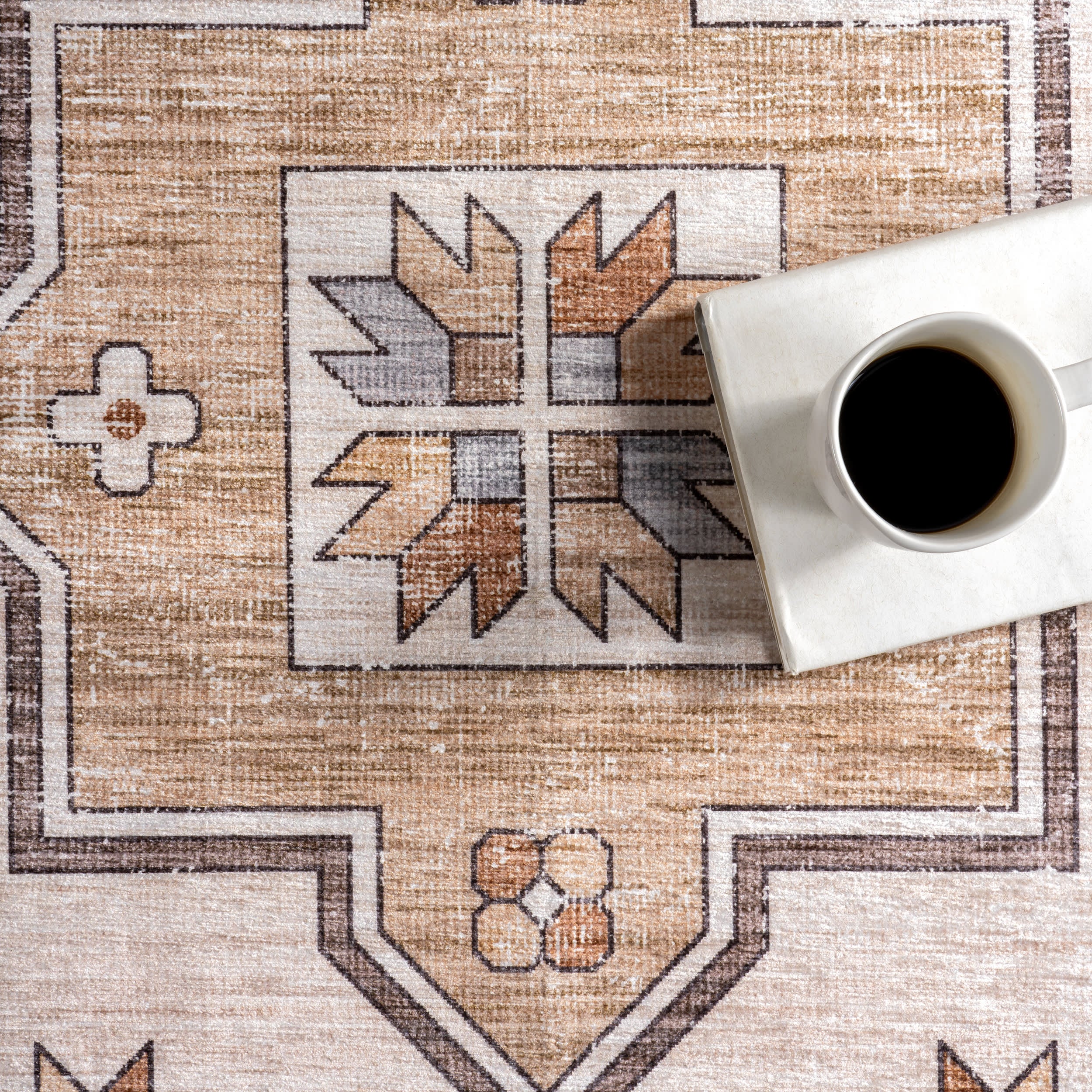 Laurel Medallion Spill Proof Washable Rug | Sand - Image 8