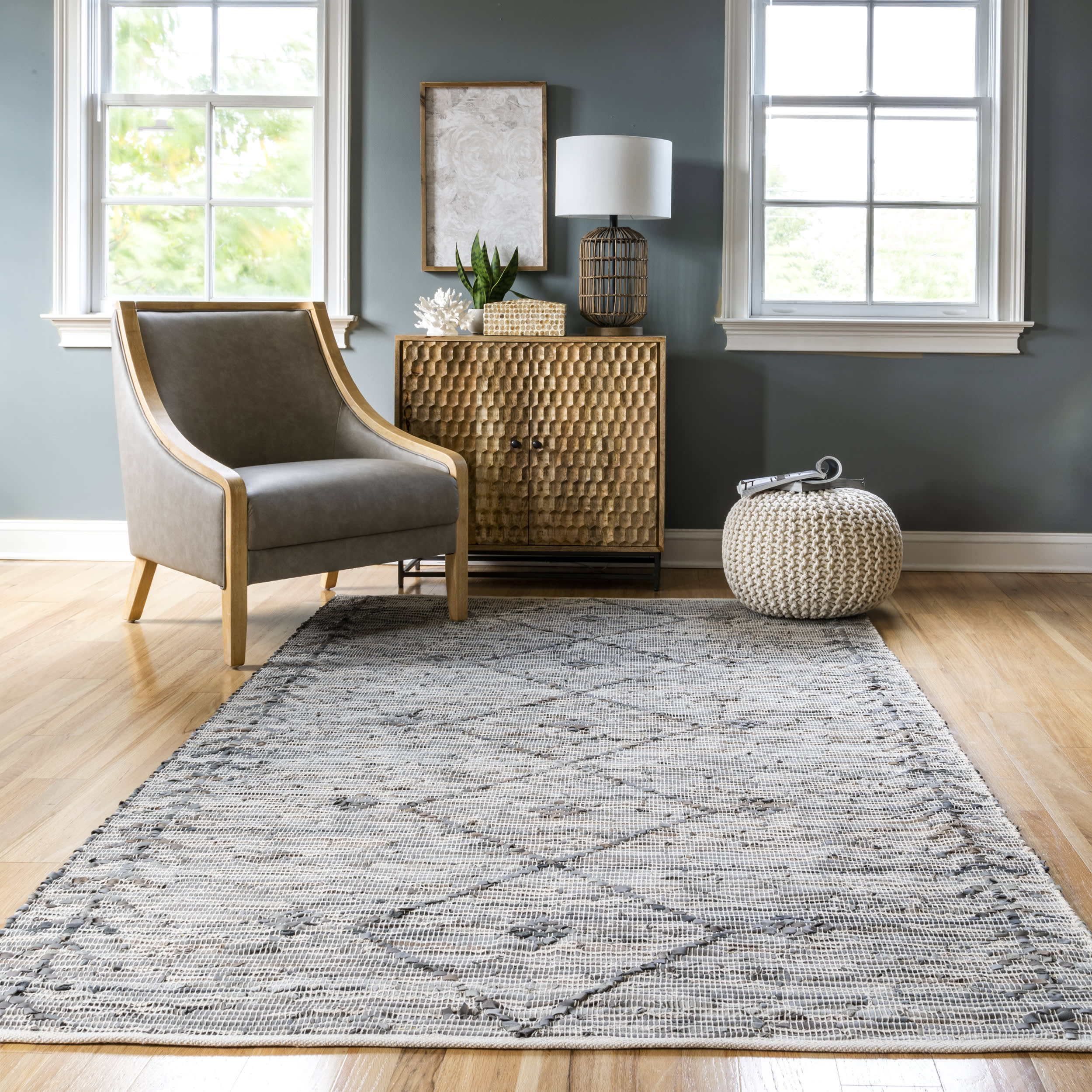 Leather Tribal Flatweave Rug | Grey - Image 2
