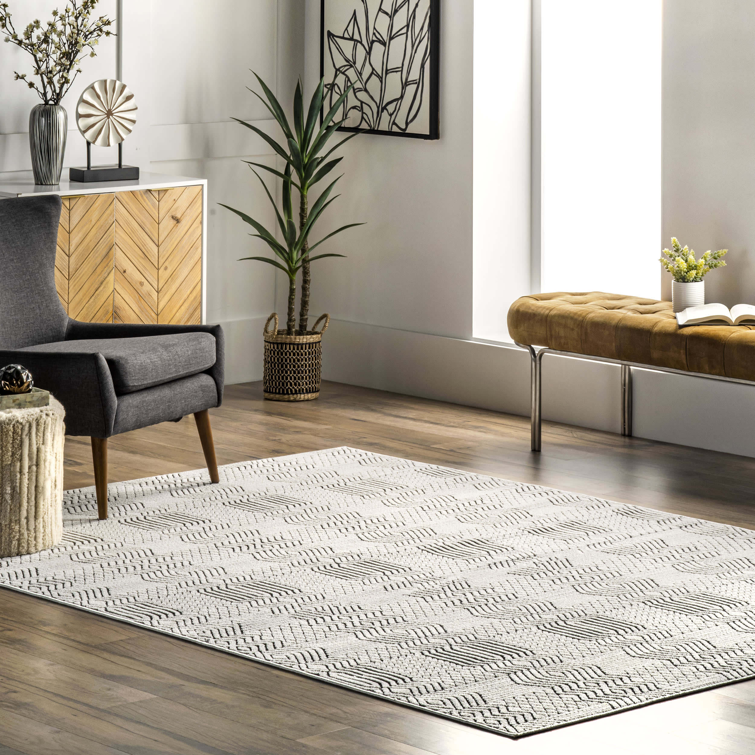 Lena Striped Textured Indoor/Outdoor Rug | Grey - Image 2