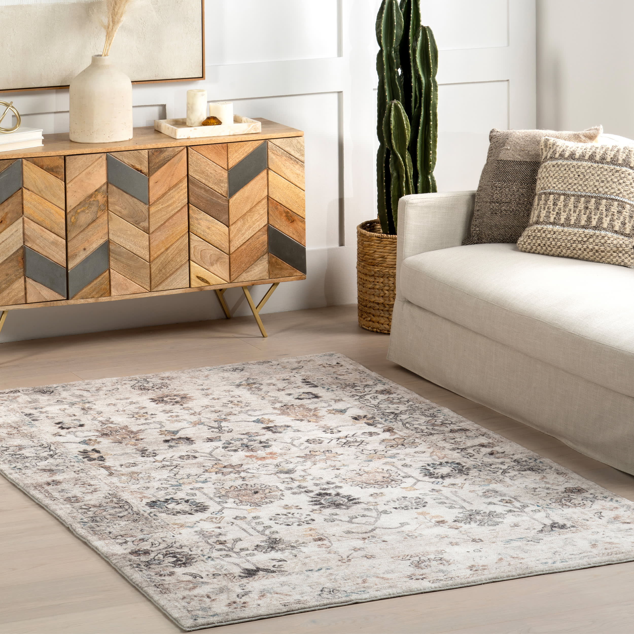 Leola Vintage Garden Floral Washable Rug | Grey - Image 2