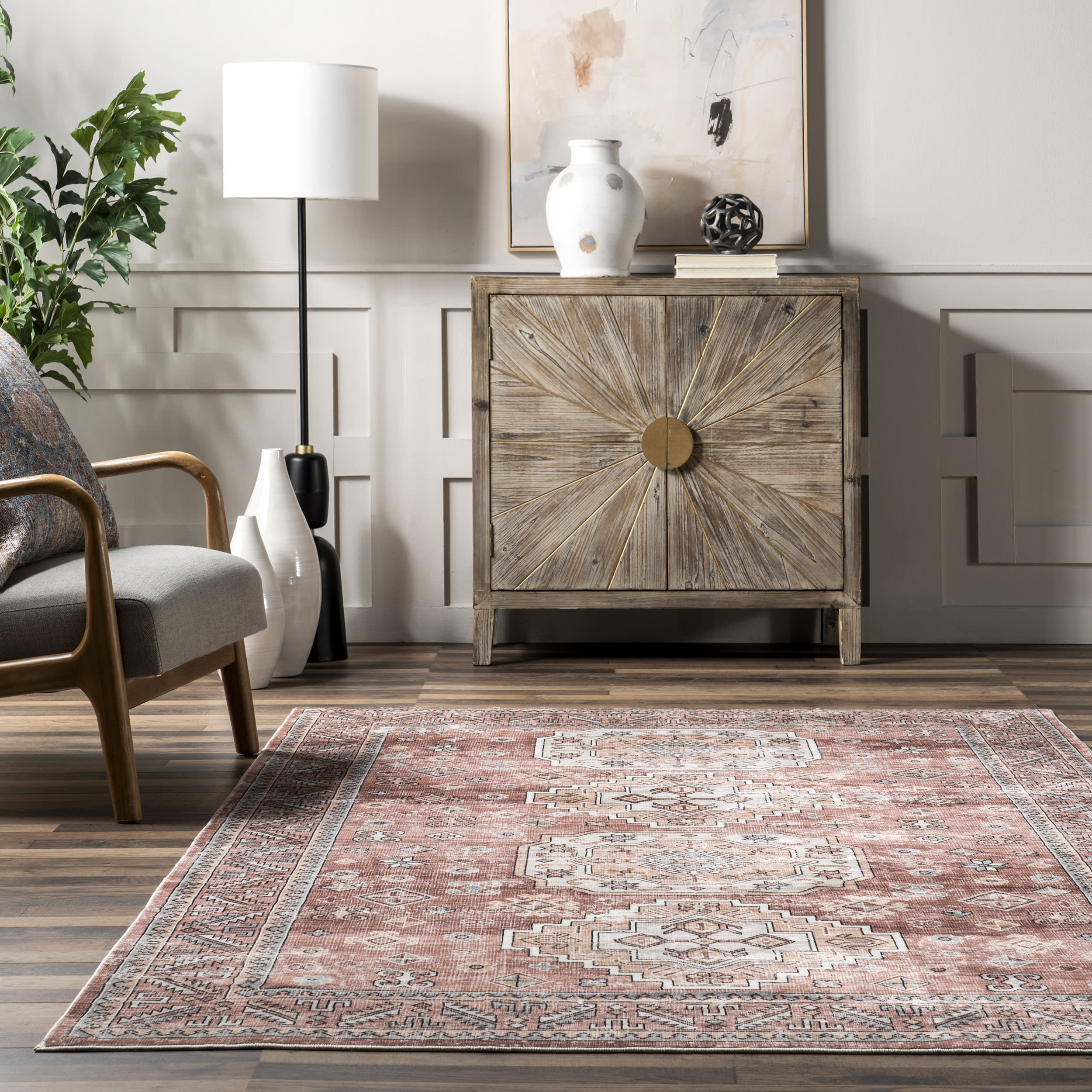 Lesa Geometric Medallion Washable Rug | Blush Pink - Image 4