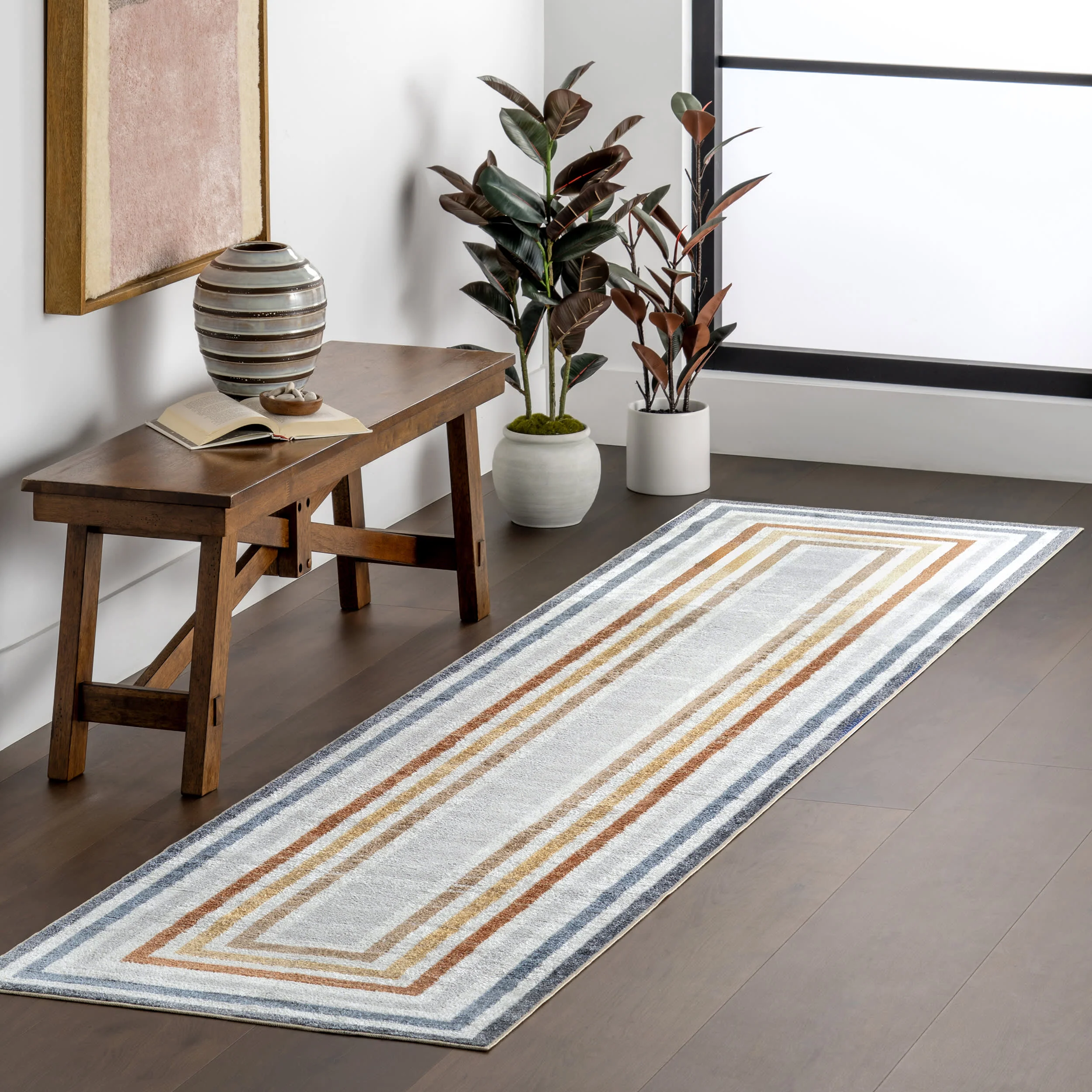 Lilac Striped Bordered Washable Rug | Multicolor - Image 2