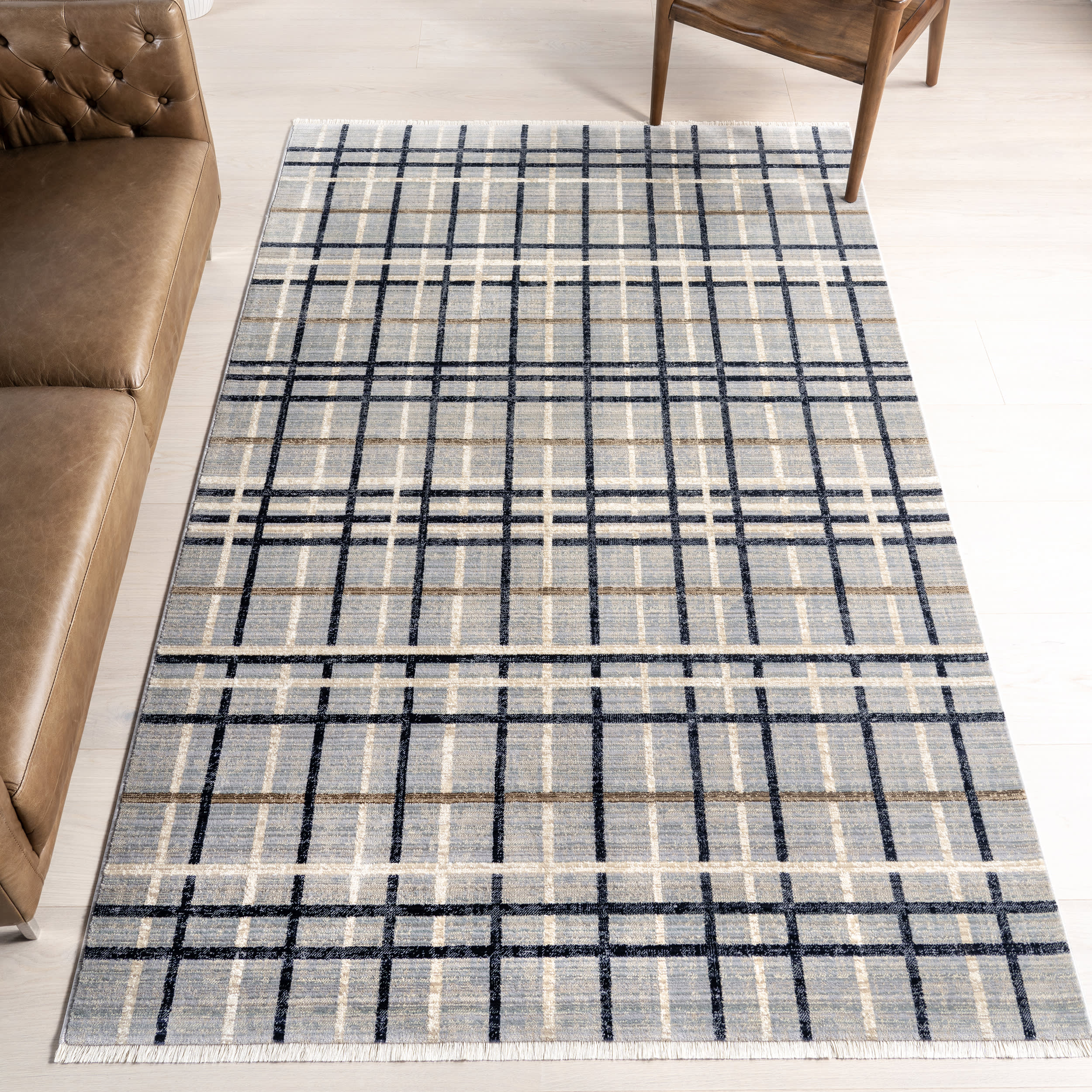 Lina Plaid Fringed Rug | Blue - Image 2