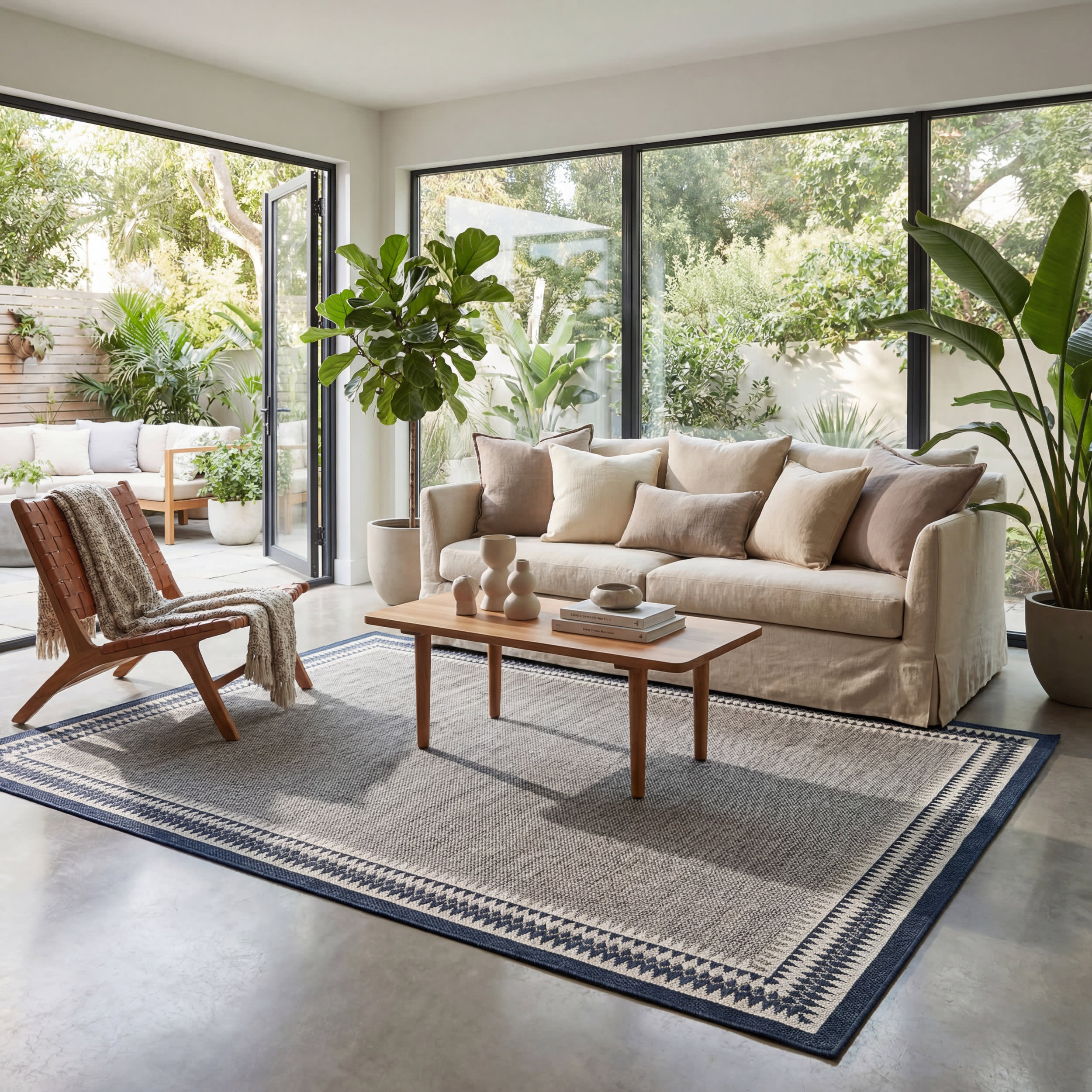 Loenya Modern Bordered Indoor/Outdoor Rug | Navy - Image 9