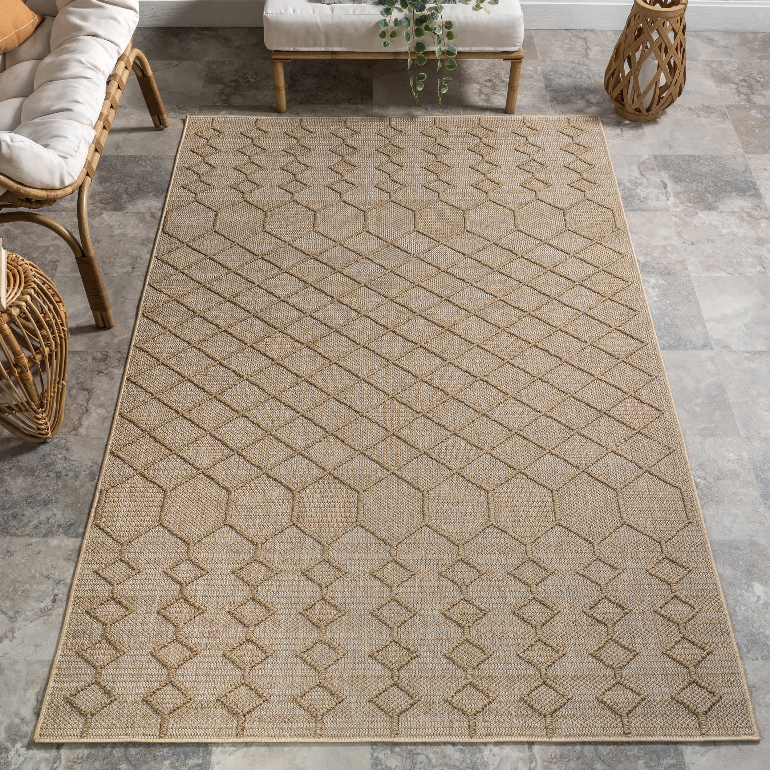 Logan High-Low Geometric Indoor/Outdoor Rug | Dark Beige - Image 2