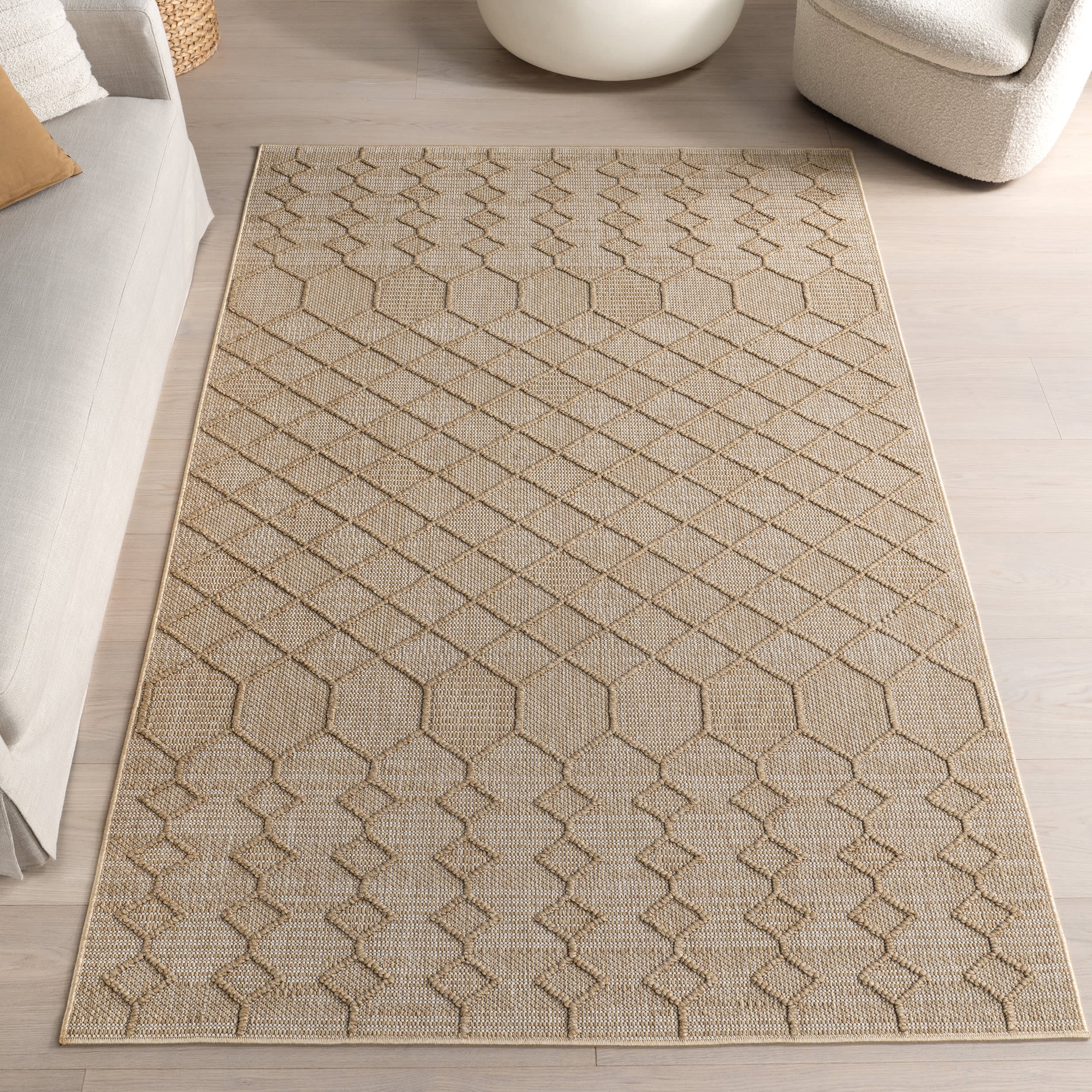 Logan High-Low Geometric Indoor/Outdoor Rug | Dark Beige - Image 9