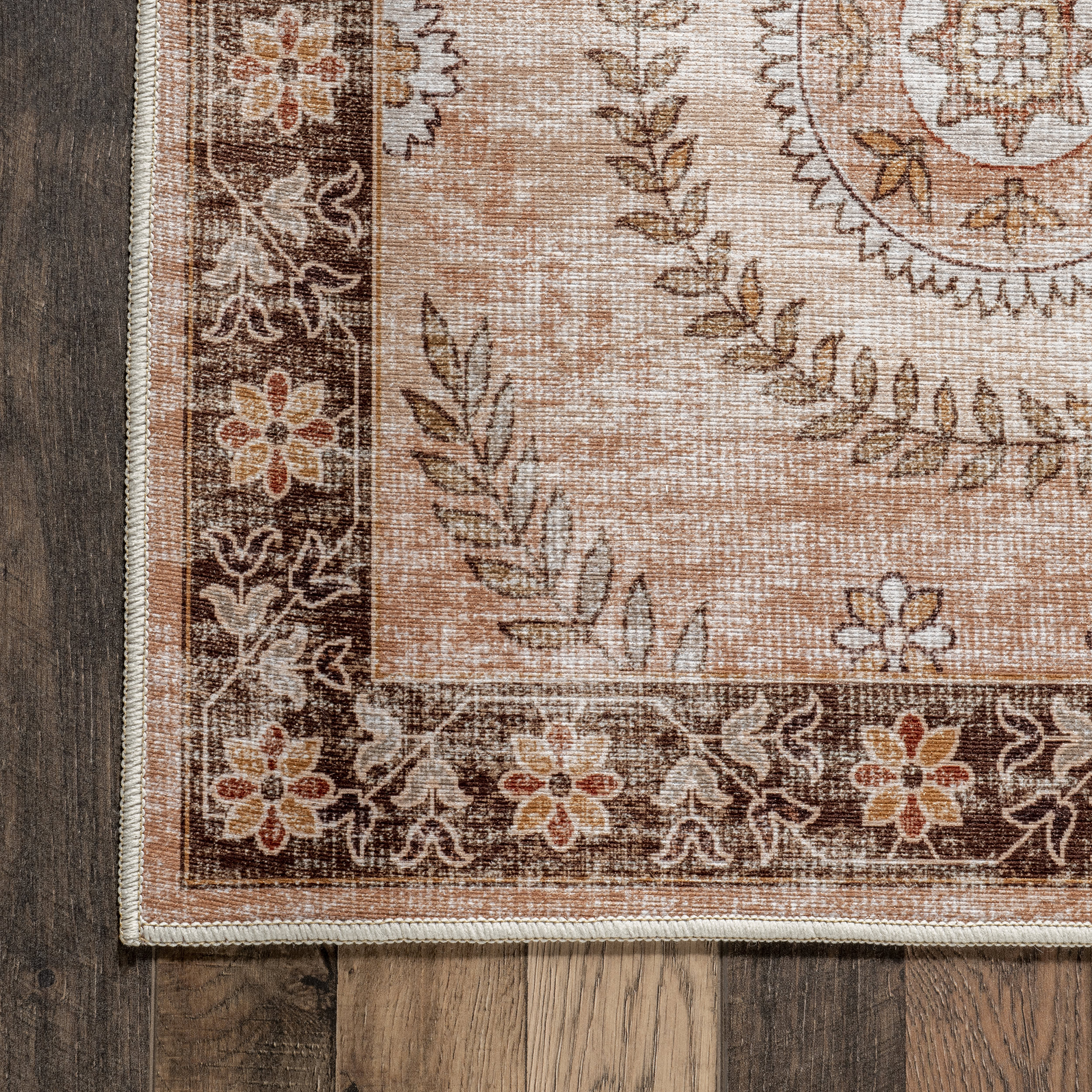 Londyn Floral Vines Spill Proof Washable Rug | Rust - Image 3