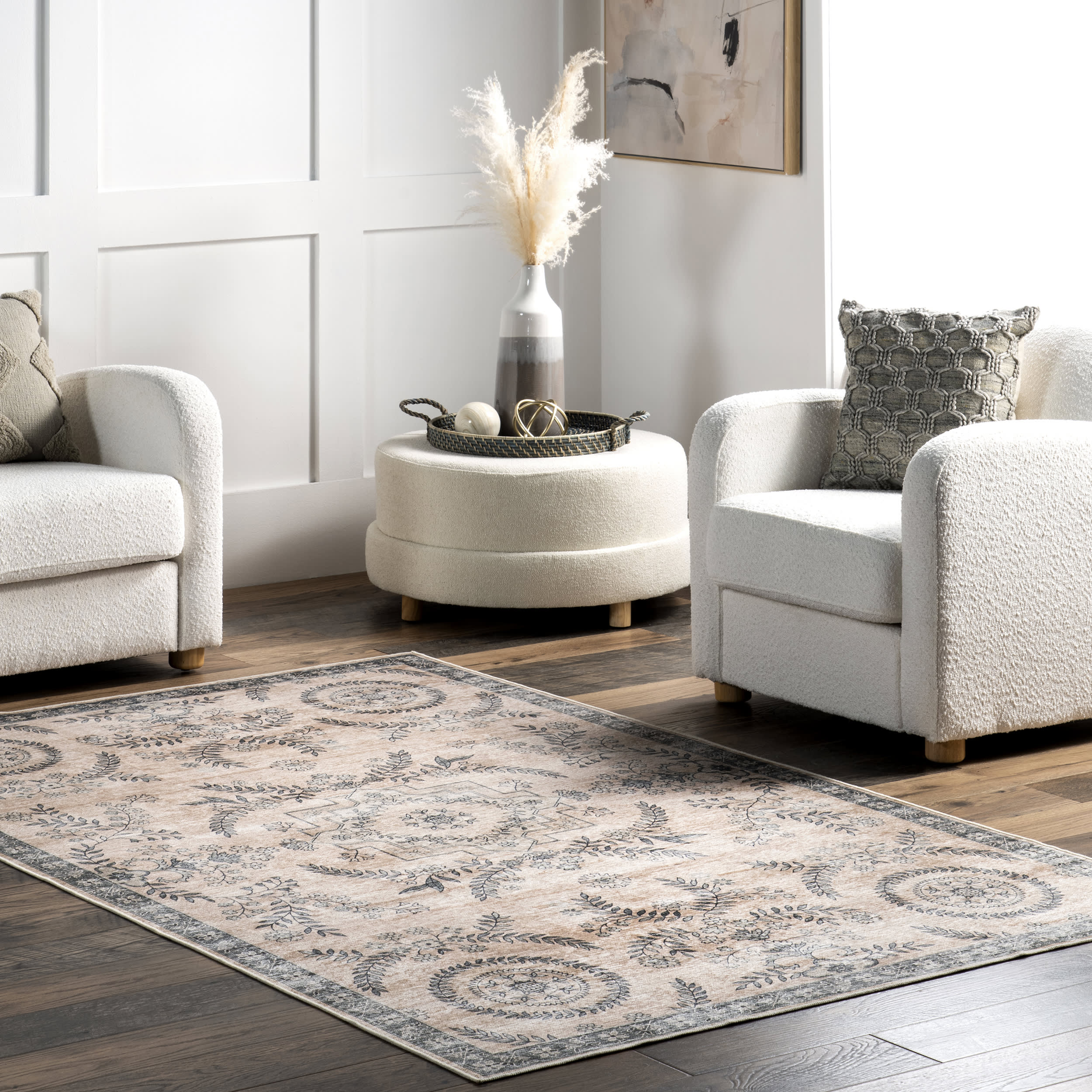 Londyn Floral Vines Spill Proof Washable Rug | Sand - Image 2