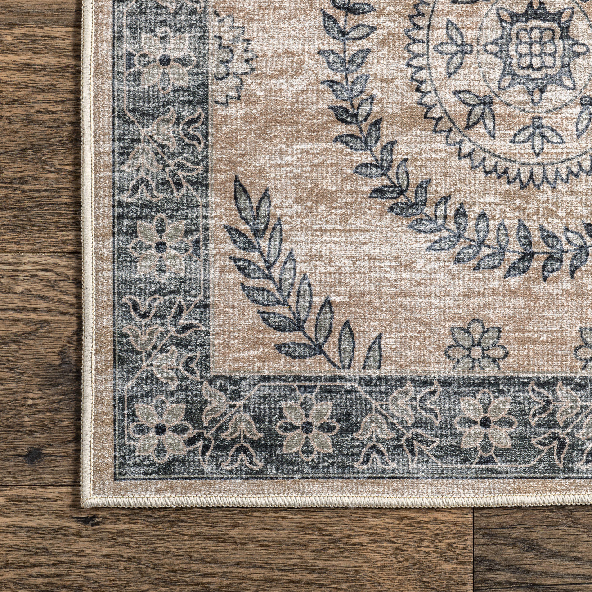 Londyn Floral Vines Spill Proof Washable Rug | Sand - Image 3