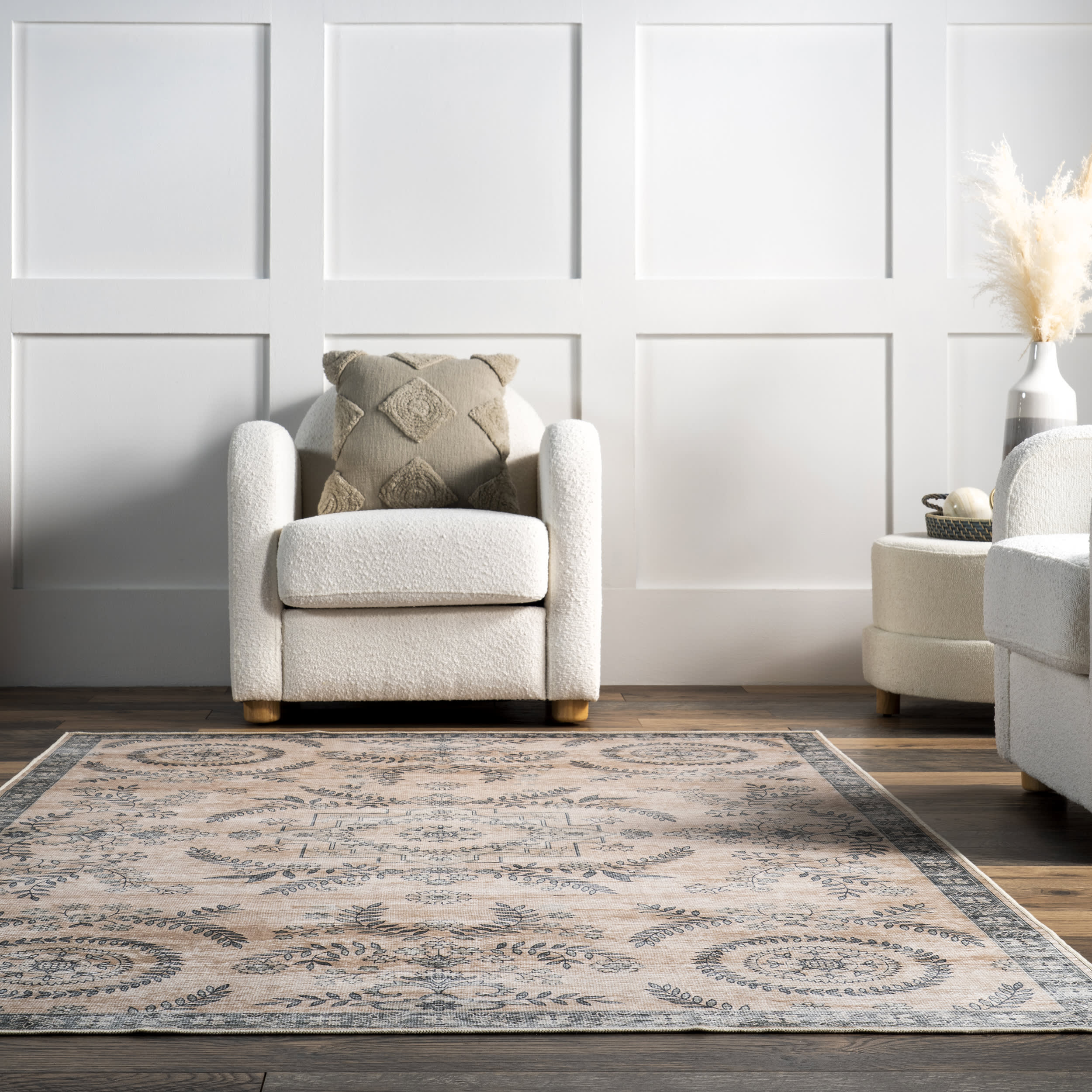 Londyn Floral Vines Spill Proof Washable Rug | Sand - Image 4