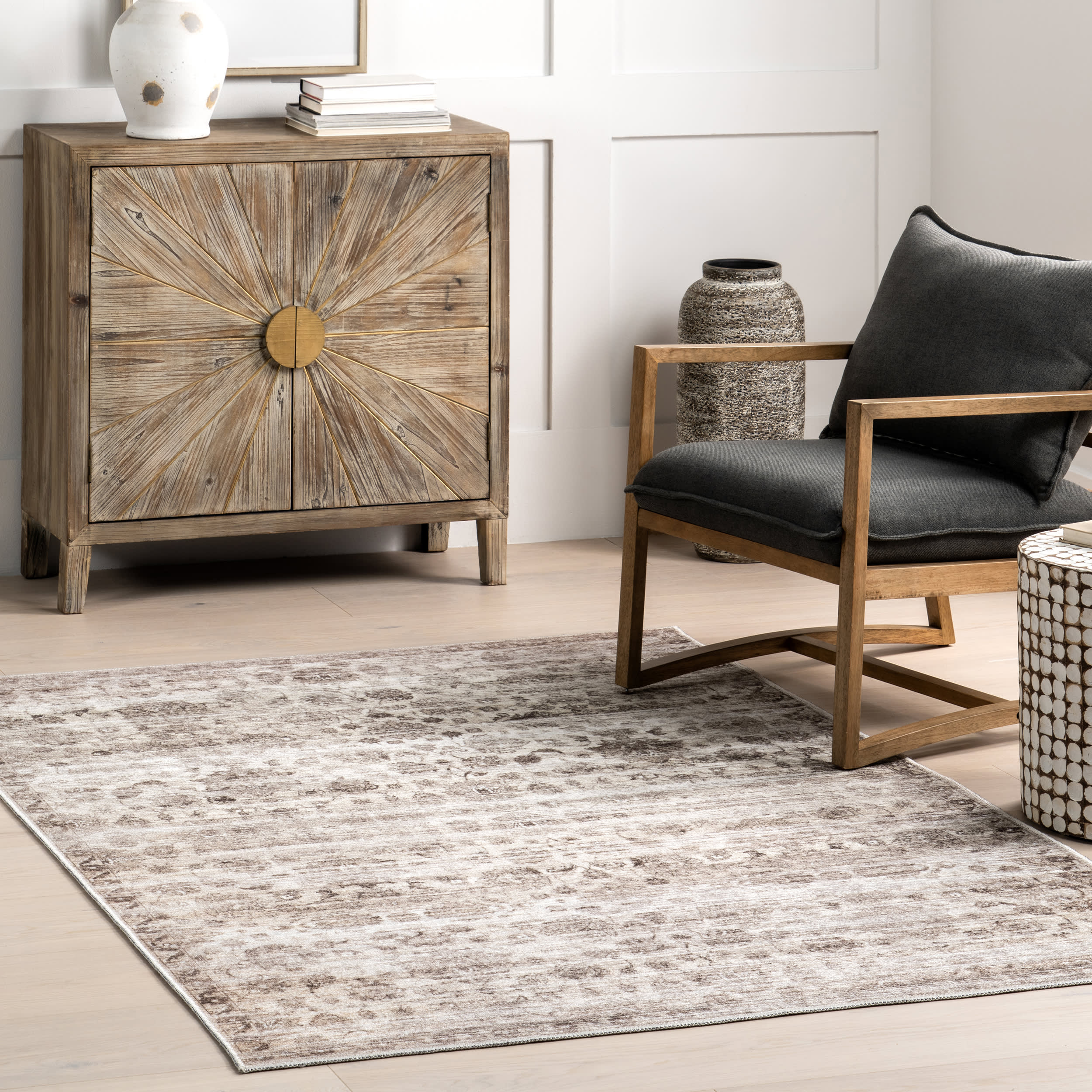 Louisa Vintage Floral Washable Rug | Taupe - Image 2