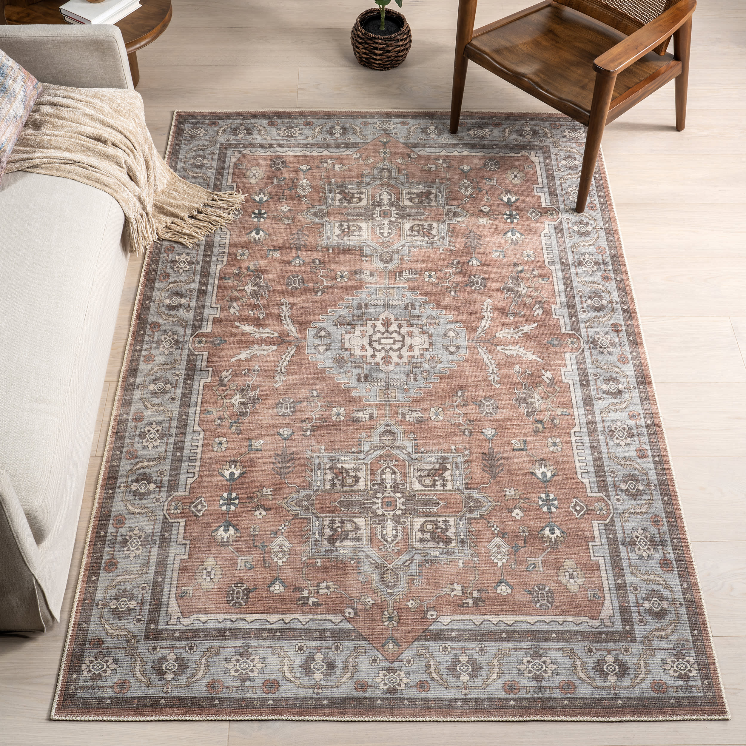 Mabel Vintage Medallion Washable Rug | Rust - Image 2