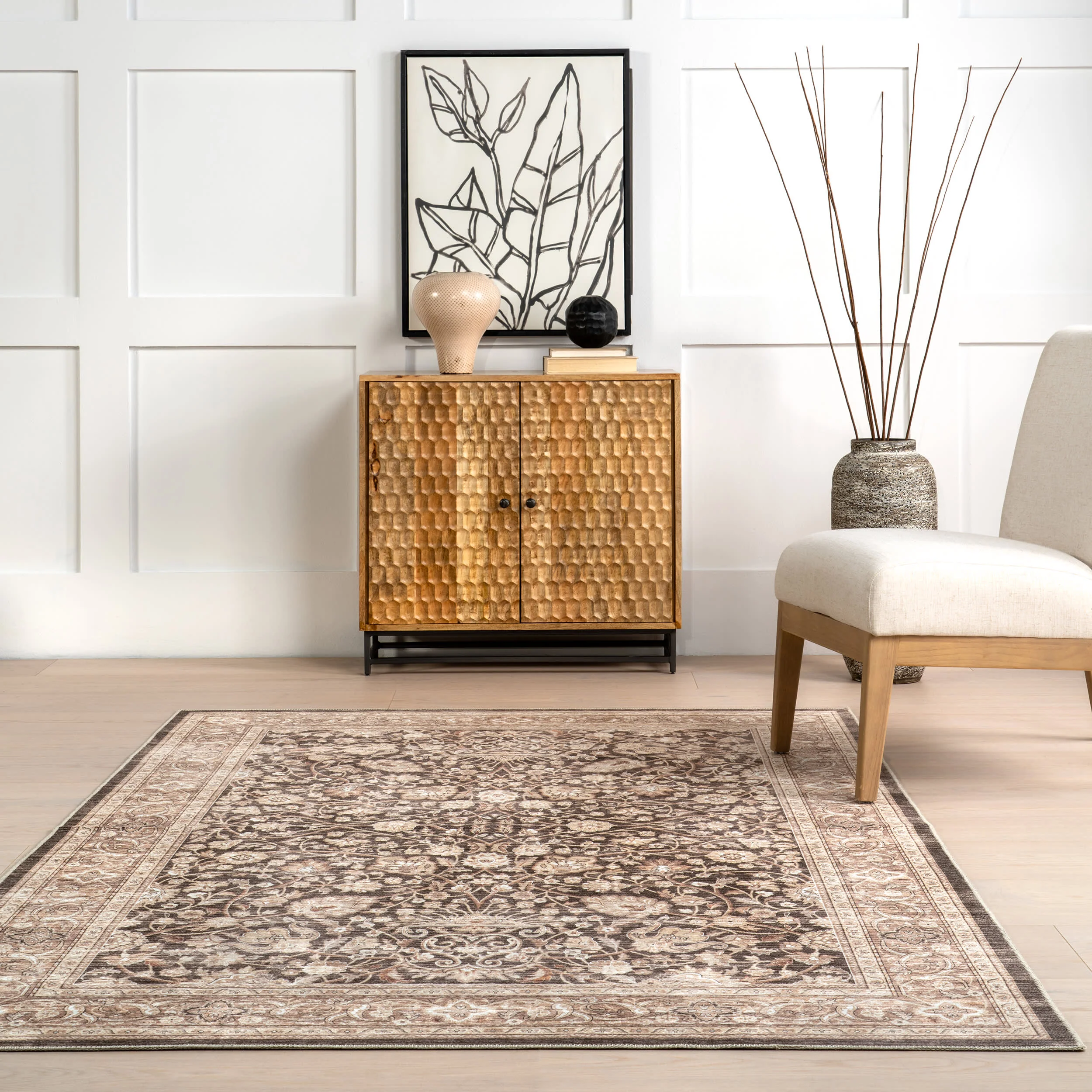 Madge Floral Spill Proof Washable Rug | Dark Brown - Image 4