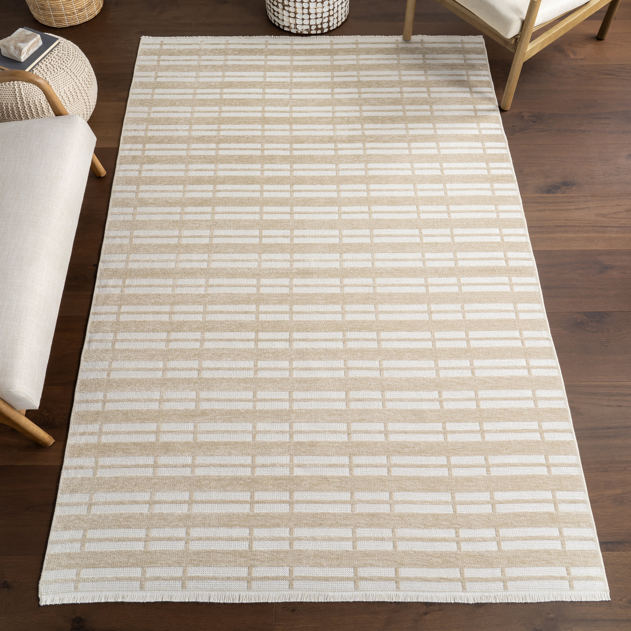 Malaya Striped Reversible Washable Rug | Taupe - Image 2