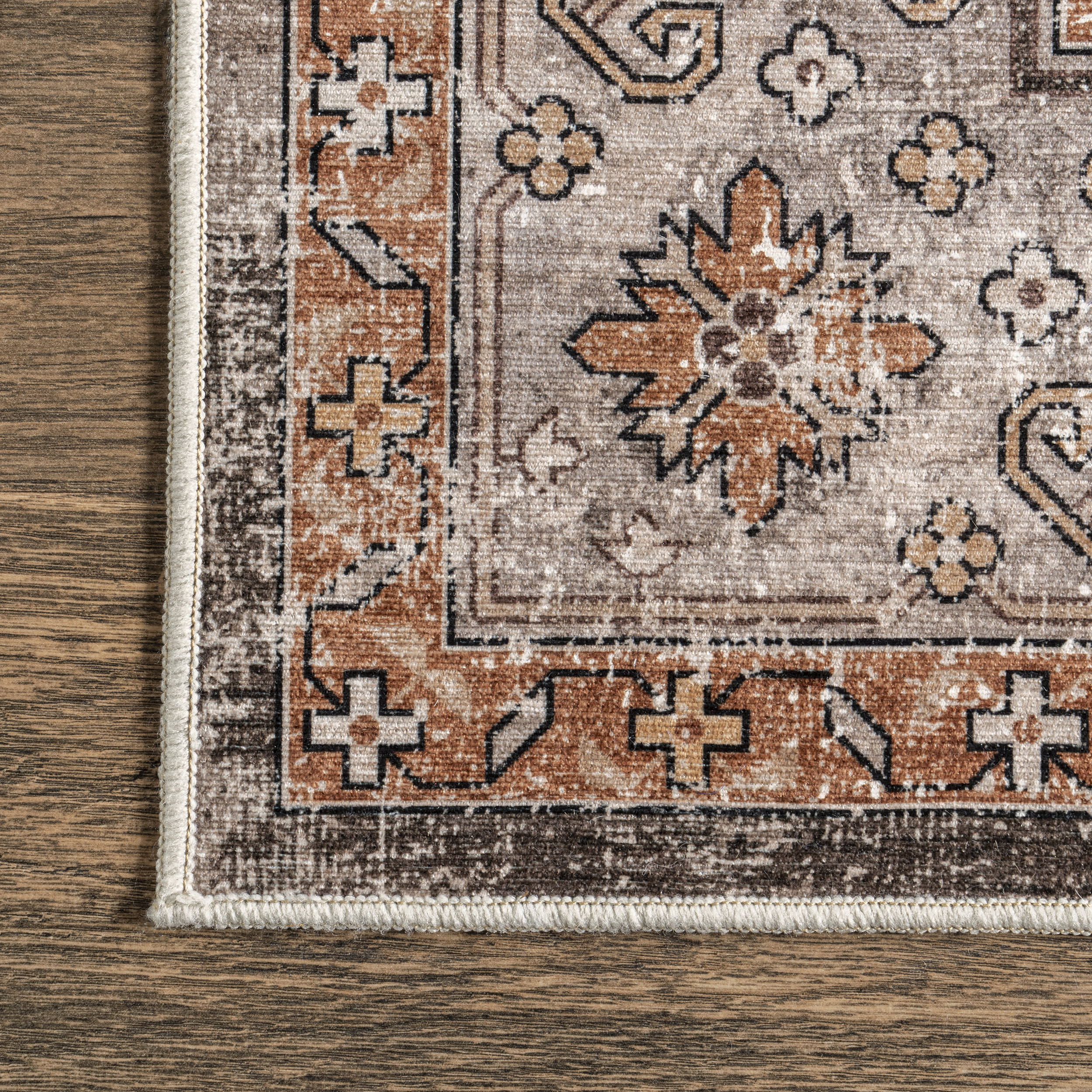 Mandi Vintage Floral Spill Proof Washable Rug | Brown - Image 3