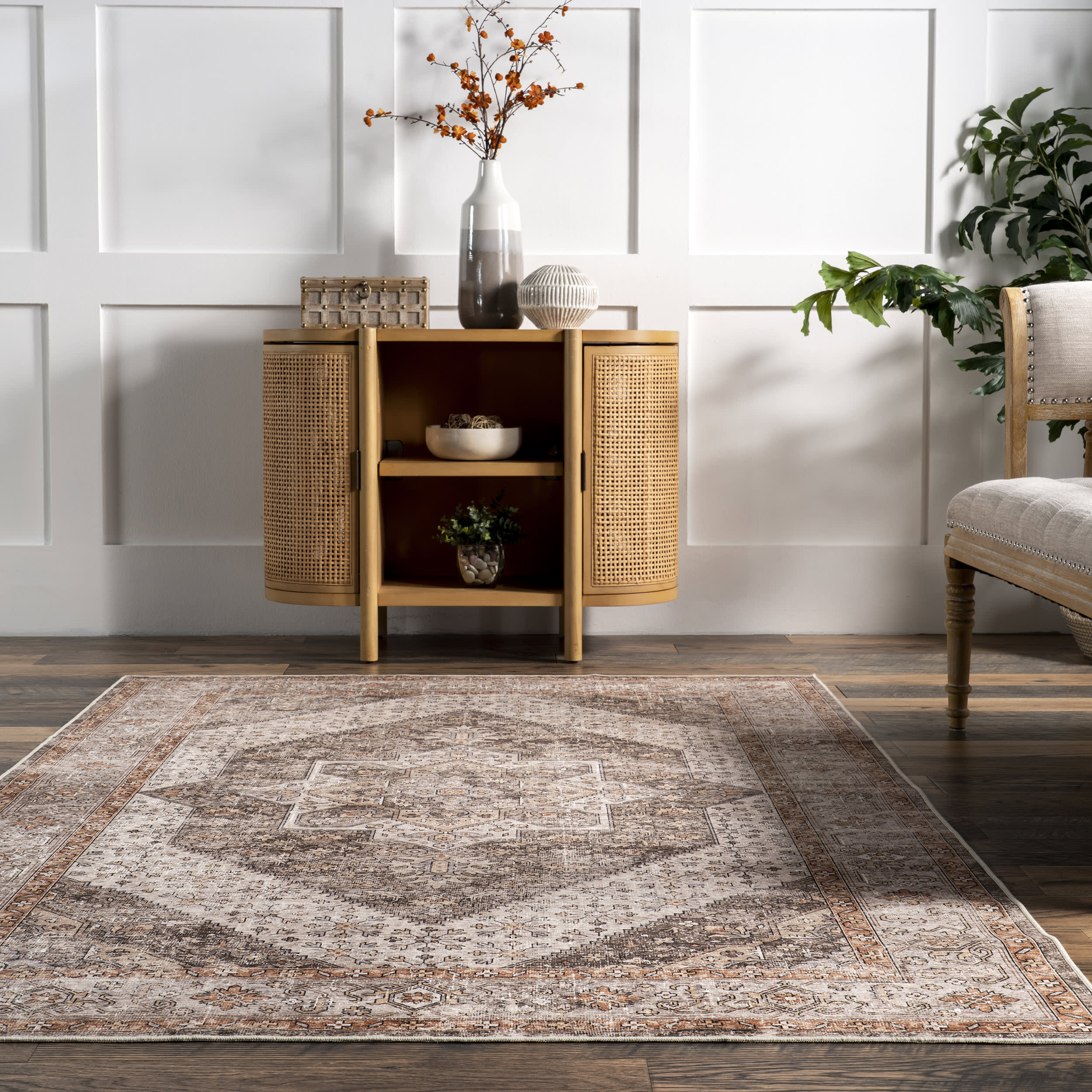 Mandi Vintage Floral Spill Proof Washable Rug | Brown - Image 4