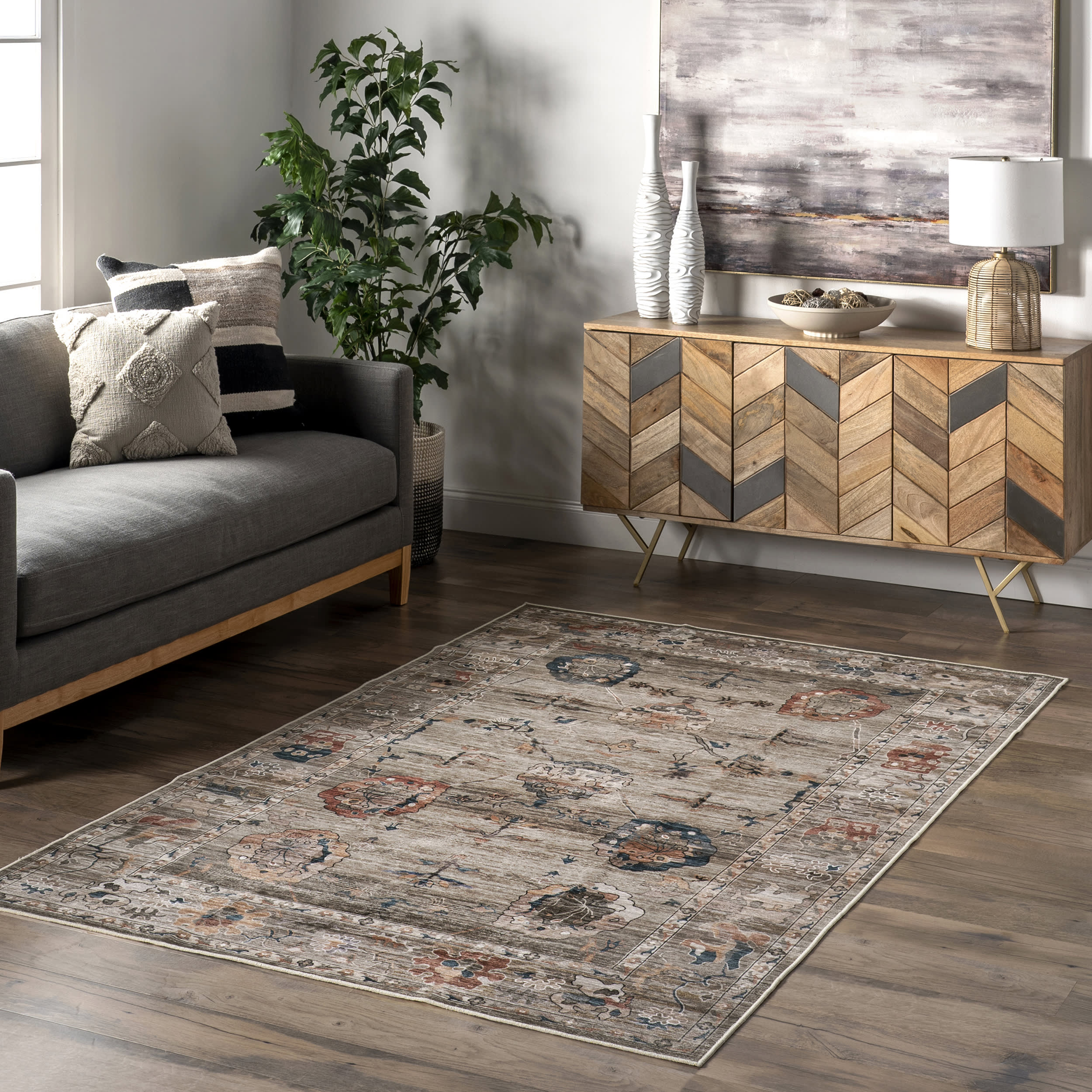 Mandi Vintage Floral Spill Proof Washable Rug | Taupe - Image 2