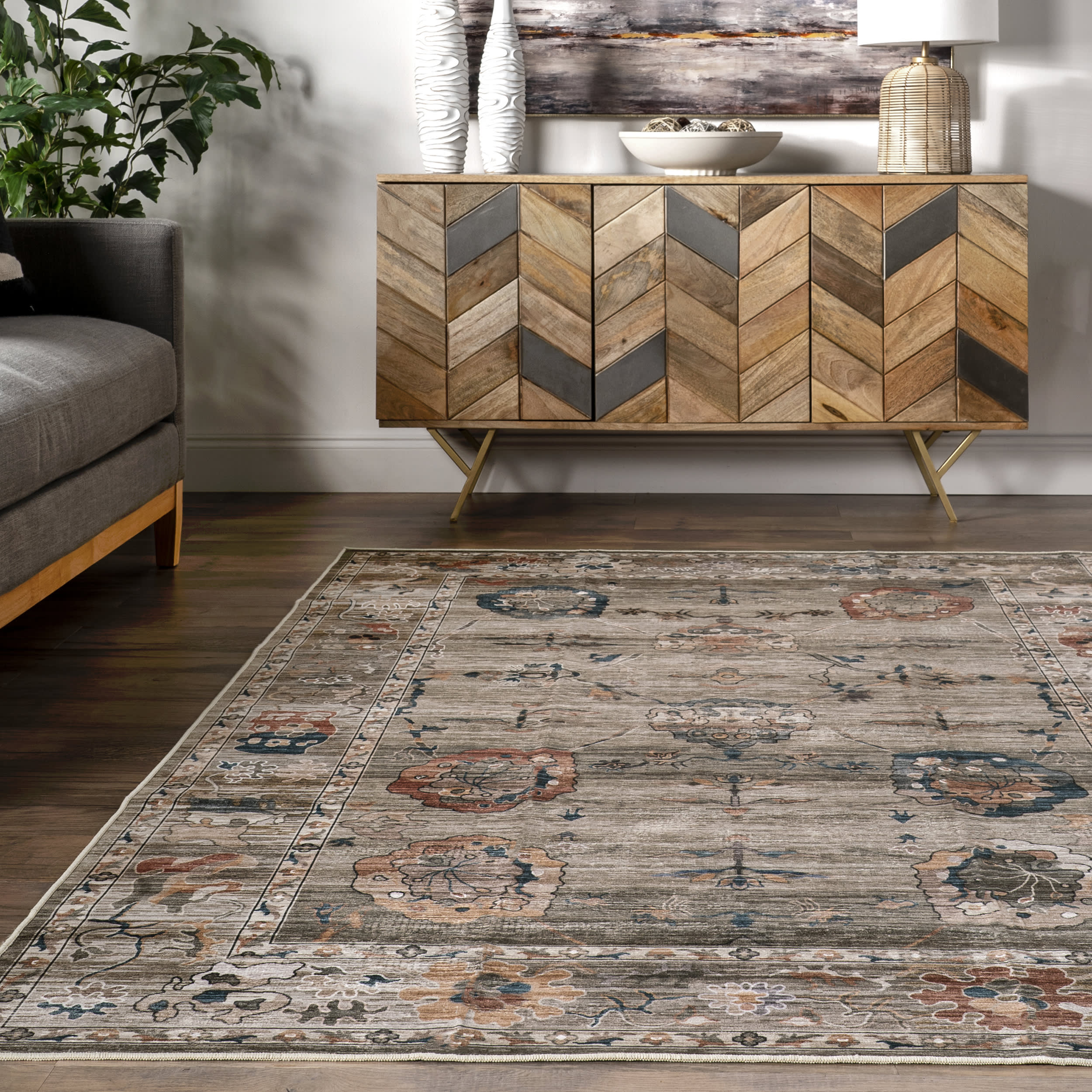 Mandi Vintage Floral Spill Proof Washable Rug | Taupe - Image 4