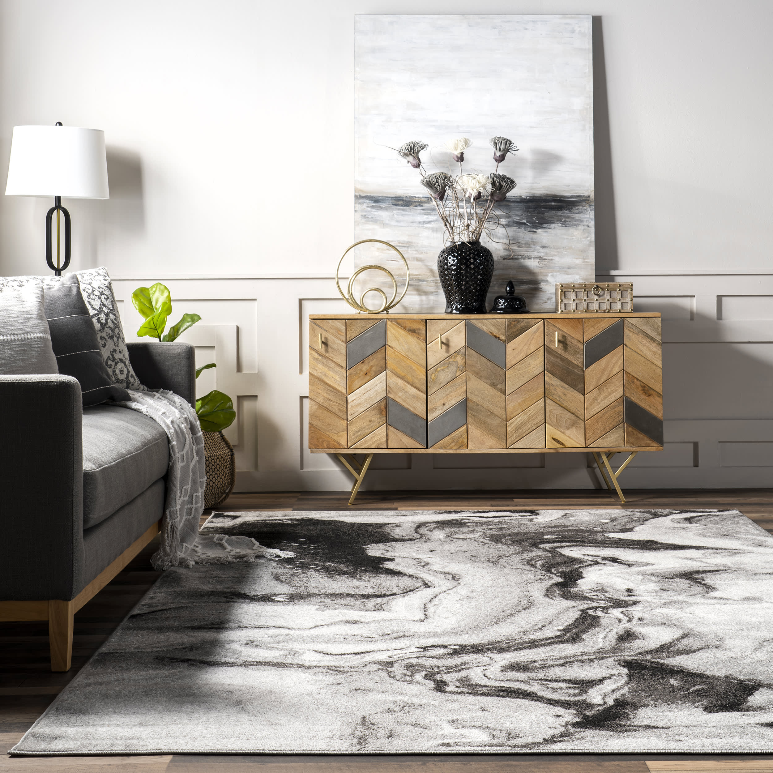 Maren Abstract Marbling Art Rug | Grey - Image 4