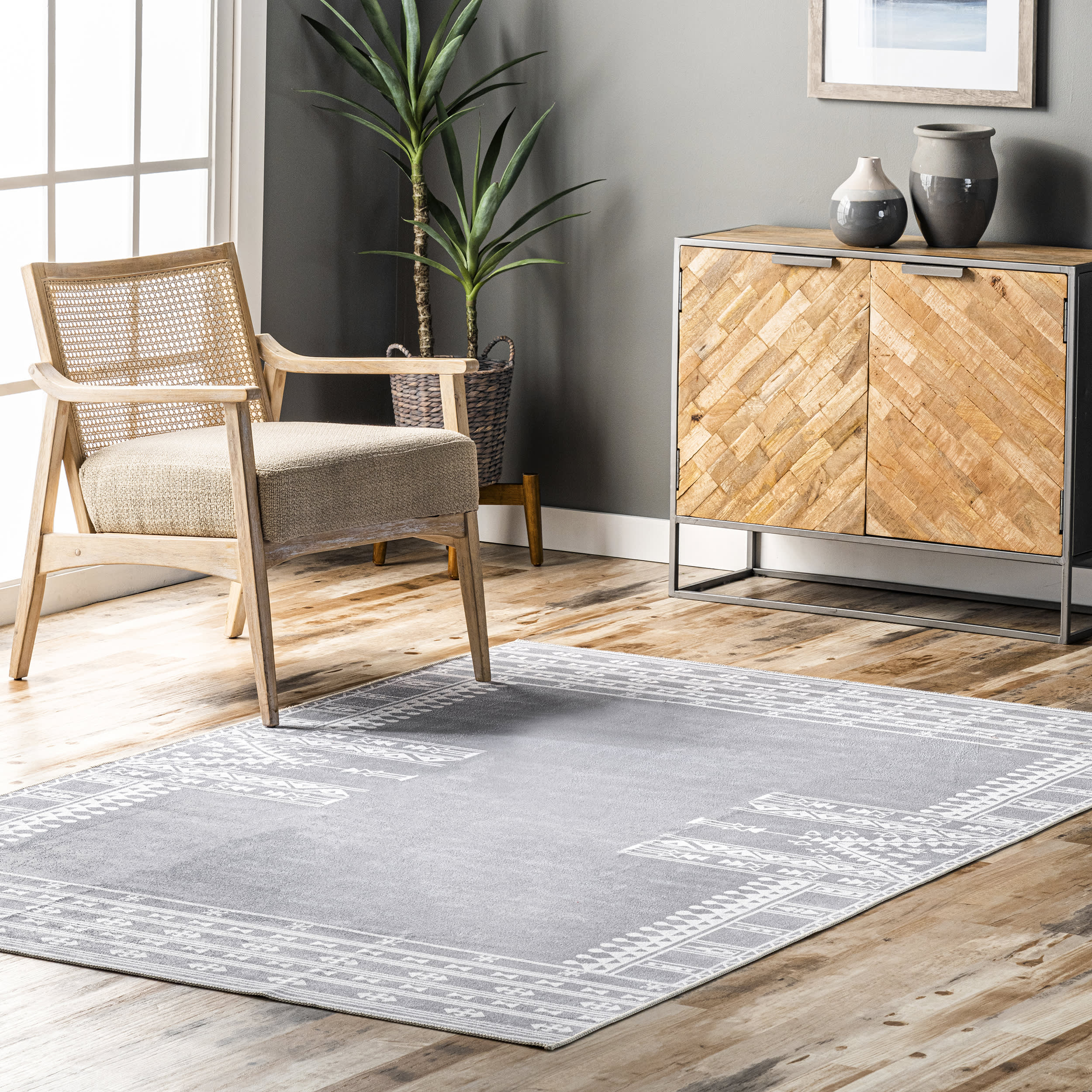 Margo Banded Geometric Washable Rug | Grey - Image 2
