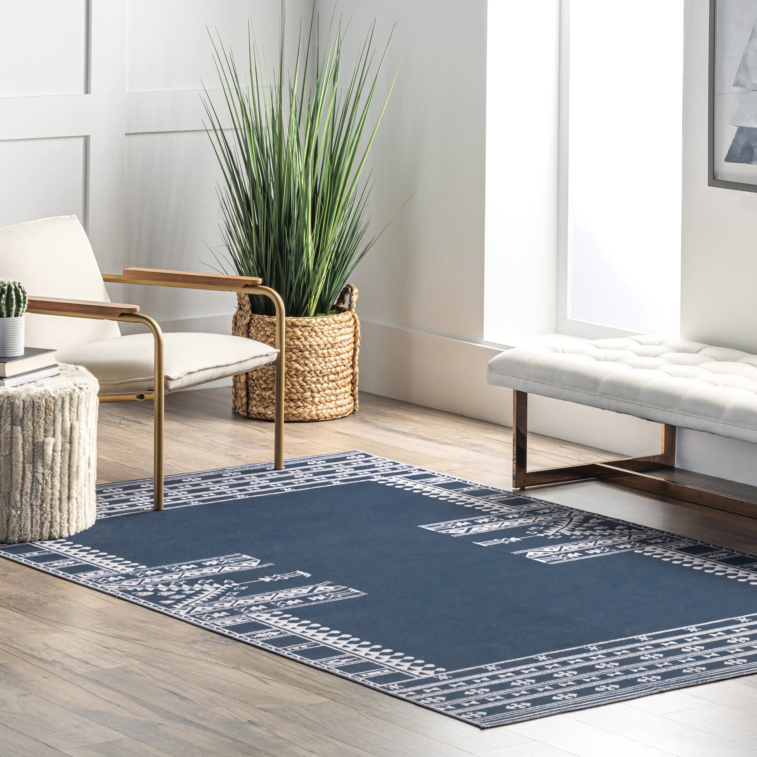 Margo Banded Geometric Washable Rug | Navy - Image 2