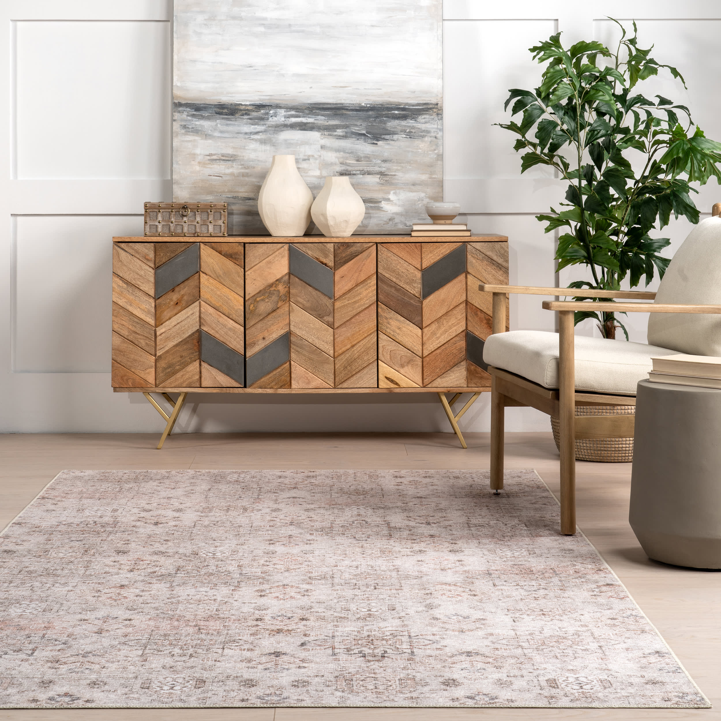 Marian Vintage Spill Proof Washable Rug | Light Beige - Image 4