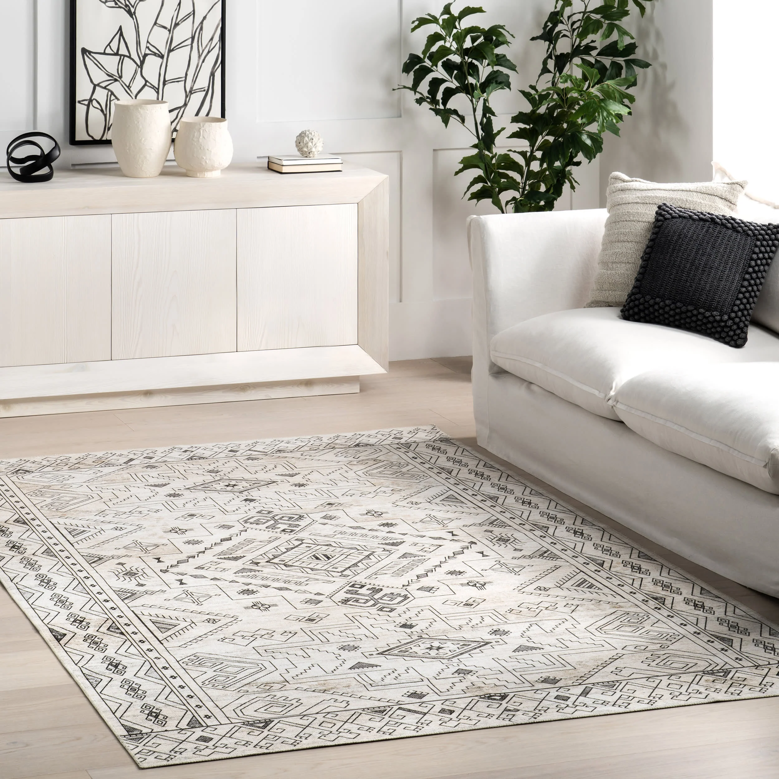 Marley Geometric Bordered Washable Rug | Light Grey - Image 2