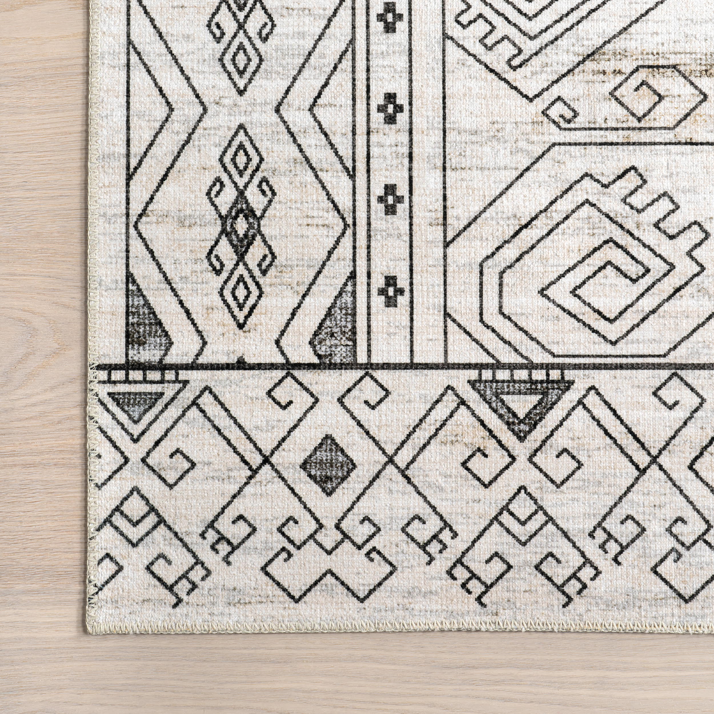 Marley Geometric Bordered Washable Rug | Light Grey - Image 3