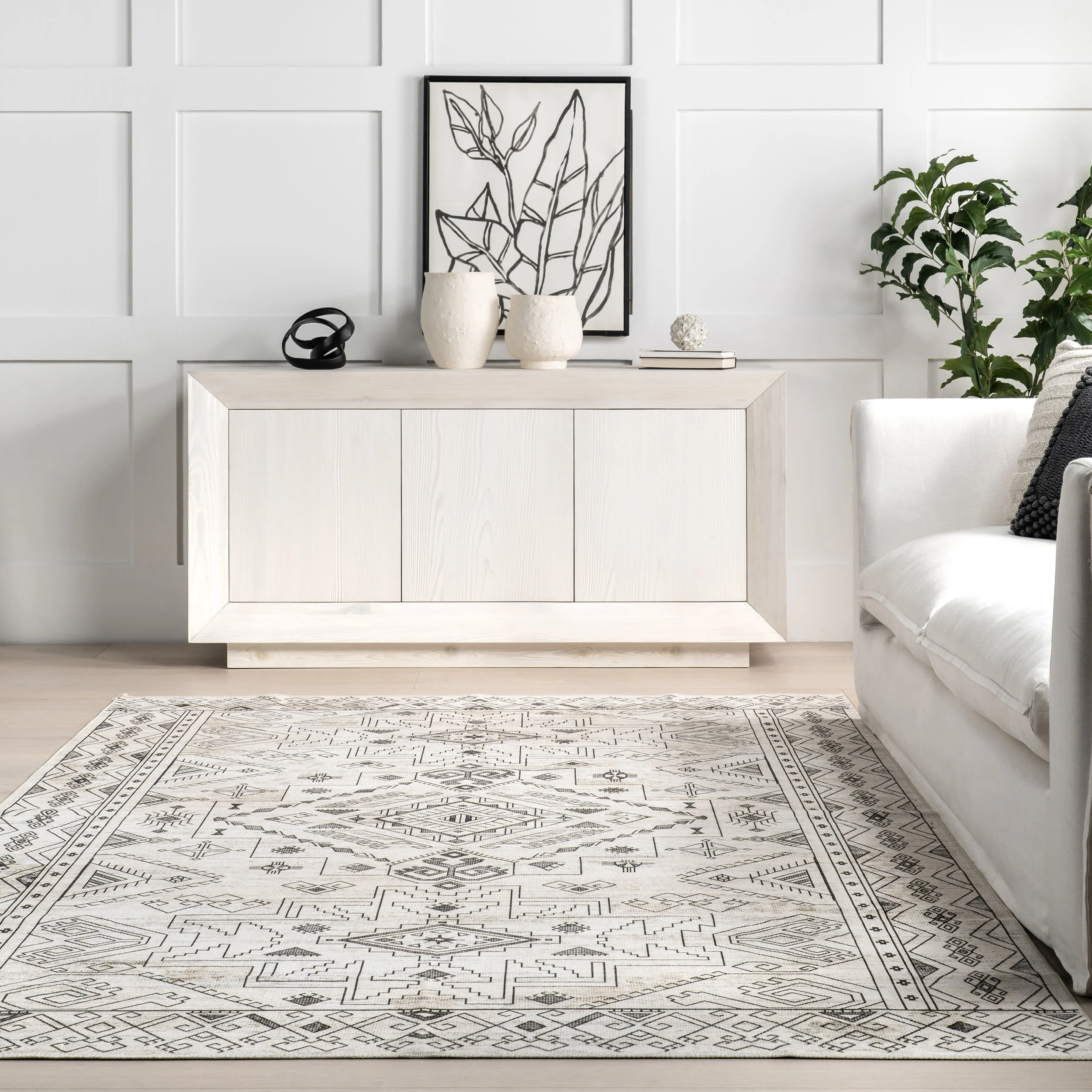 Marley Geometric Bordered Washable Rug | Light Grey - Image 4