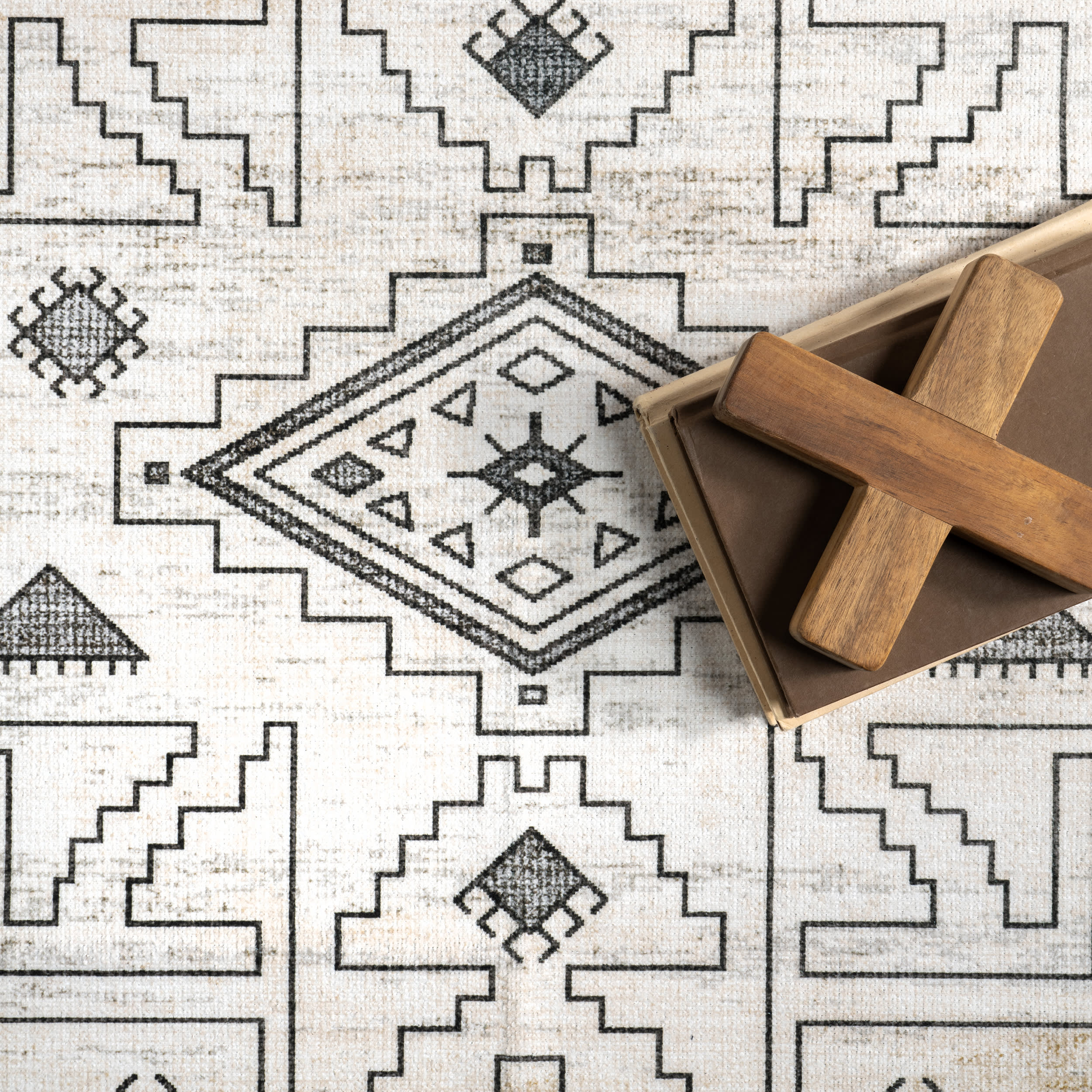 Marley Geometric Bordered Washable Rug | Light Grey - Image 7