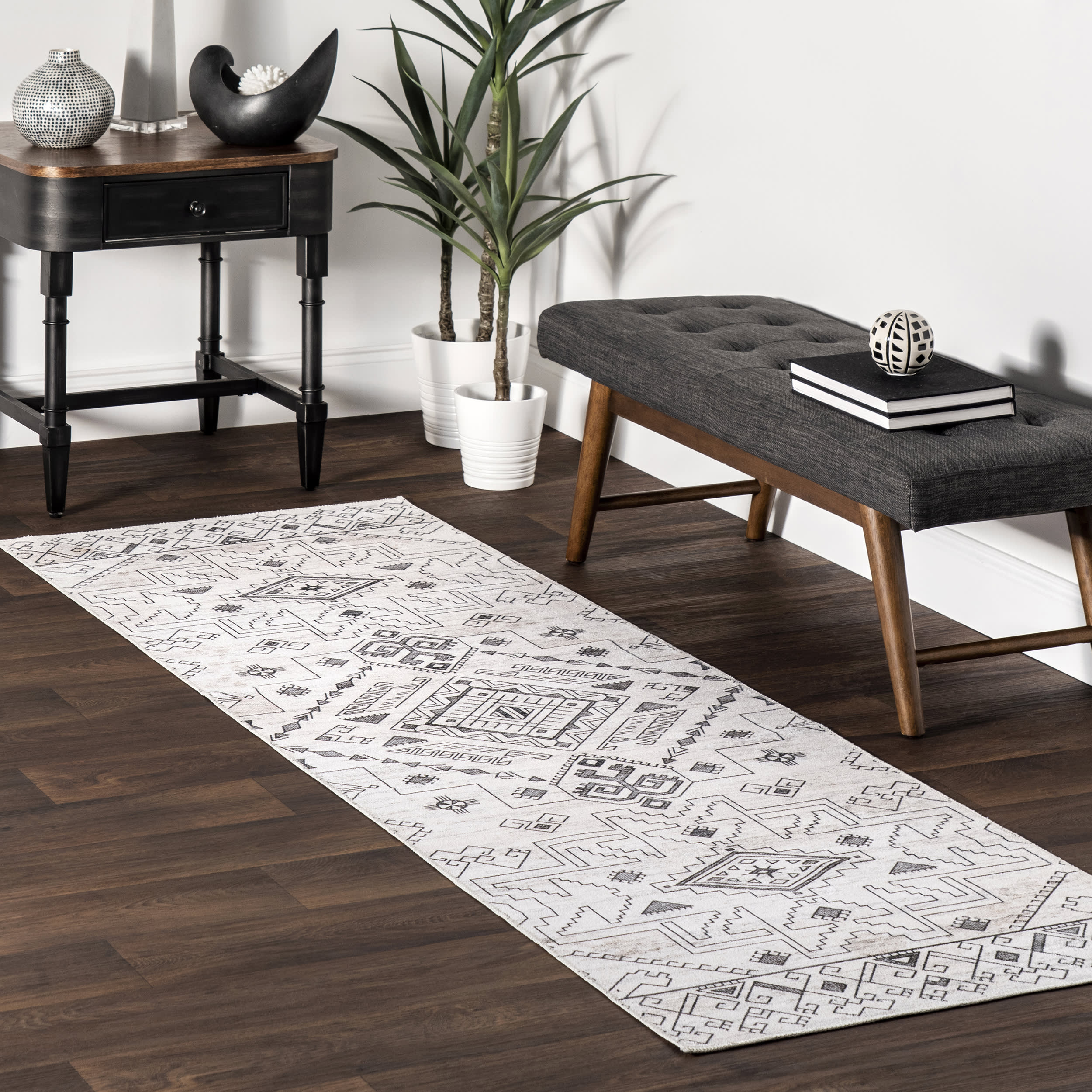 Marley Geometric Bordered Washable Rug | Light Grey - Image 2