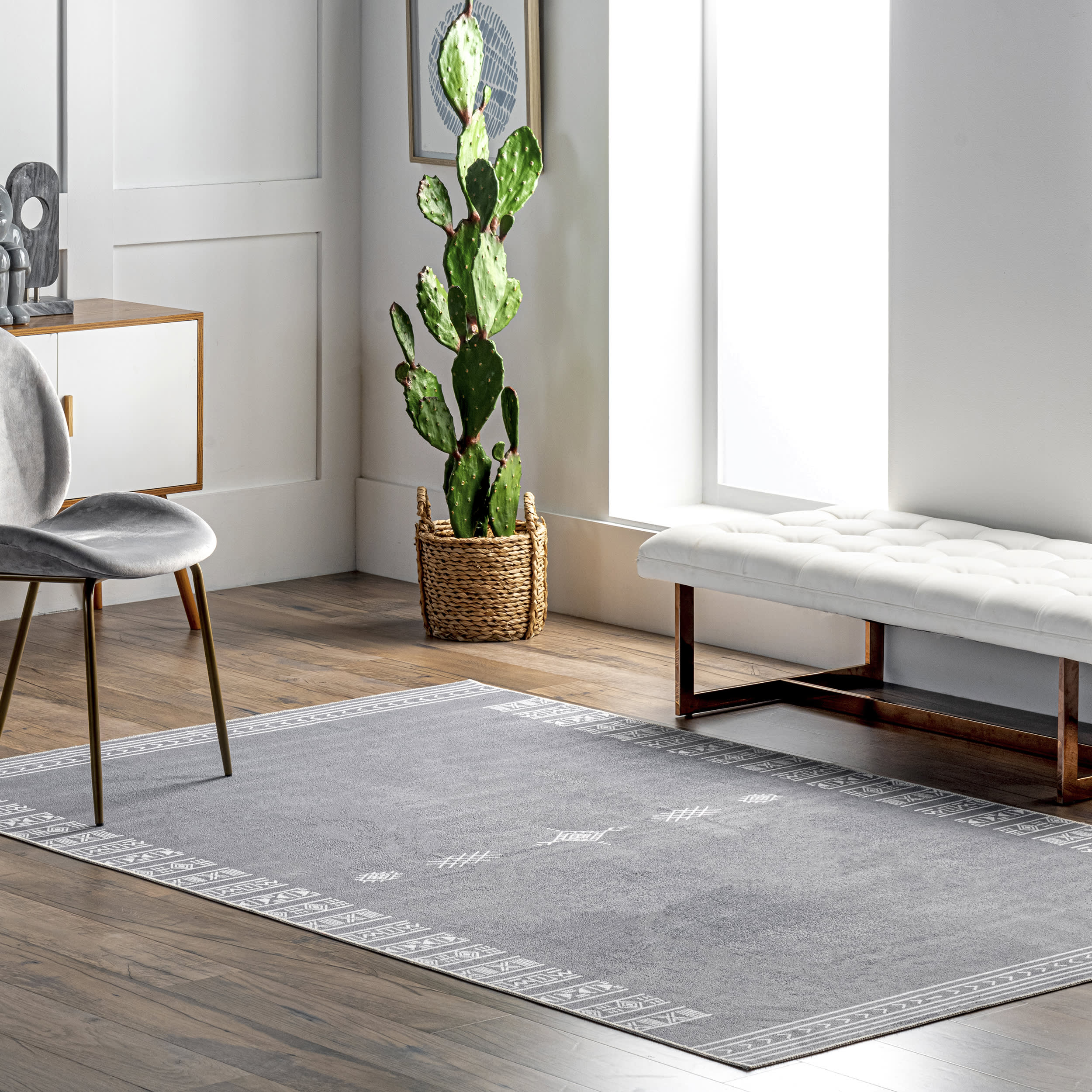 Martha Geometric Bordered Washable Rug | Grey - Image 2