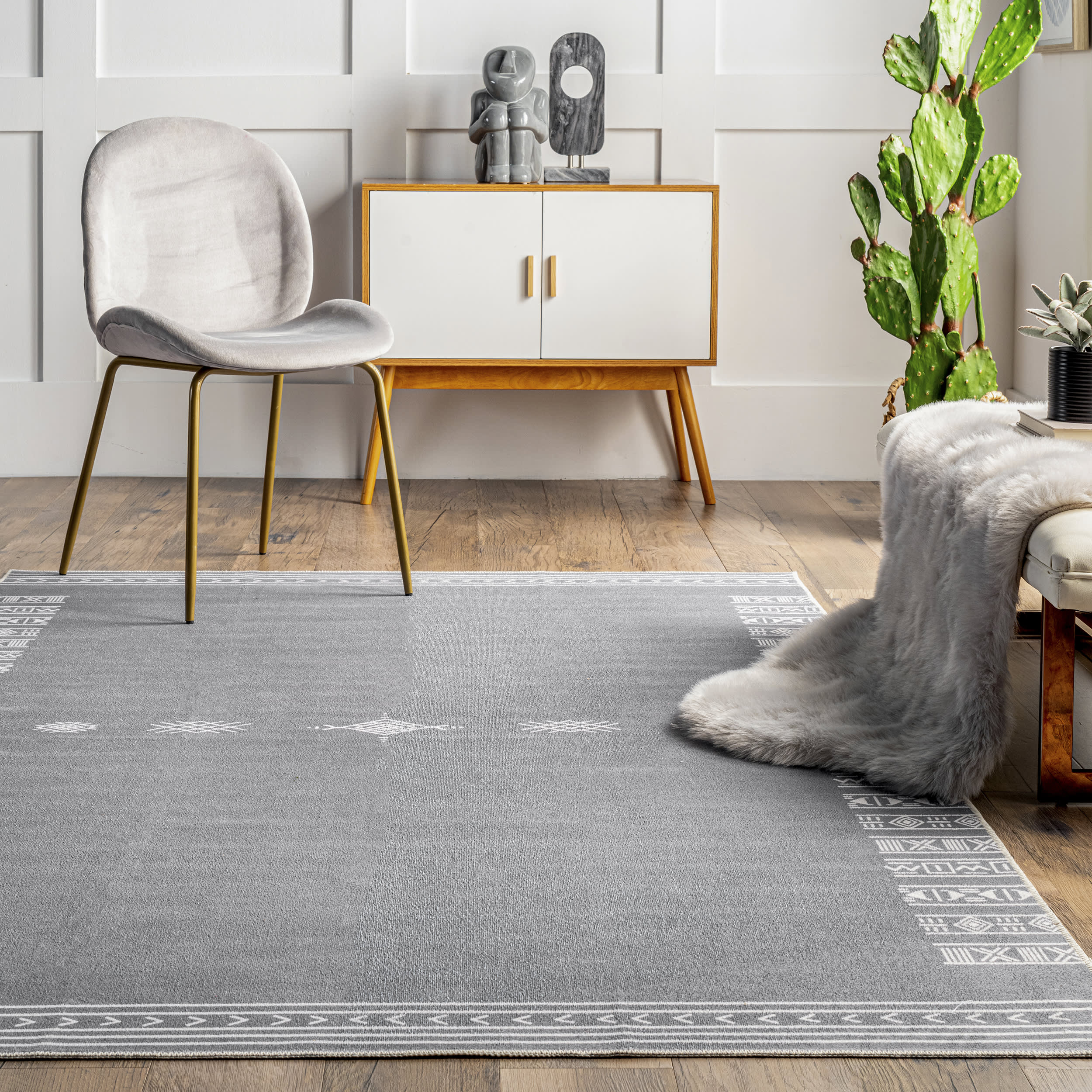 Martha Geometric Bordered Washable Rug | Grey - Image 4