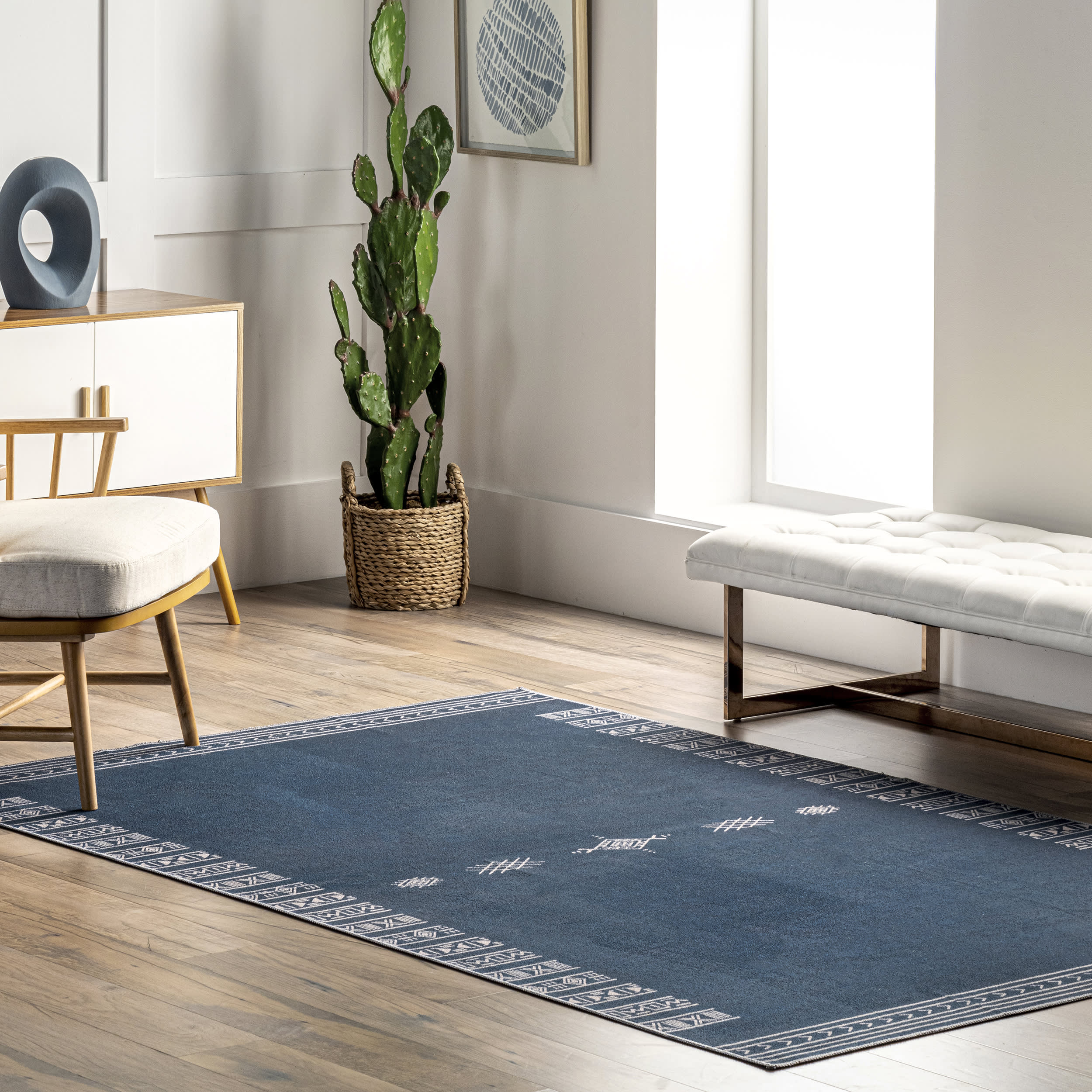 Martha Geometric Bordered Washable Rug | Navy - Image 2