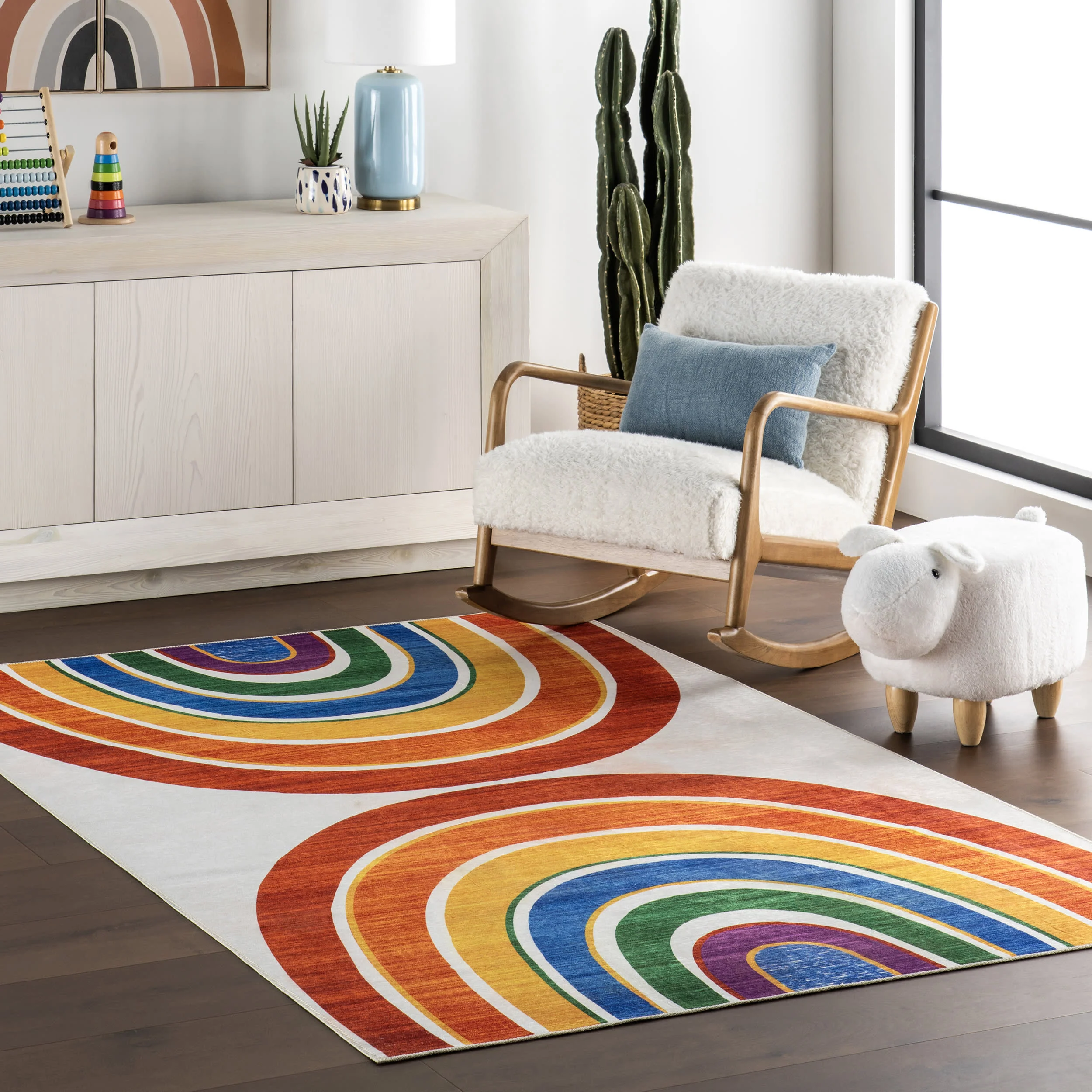 Matilda Kids Spill Proof Washable Double Rainbow Rug | White Multicolor - Image 2