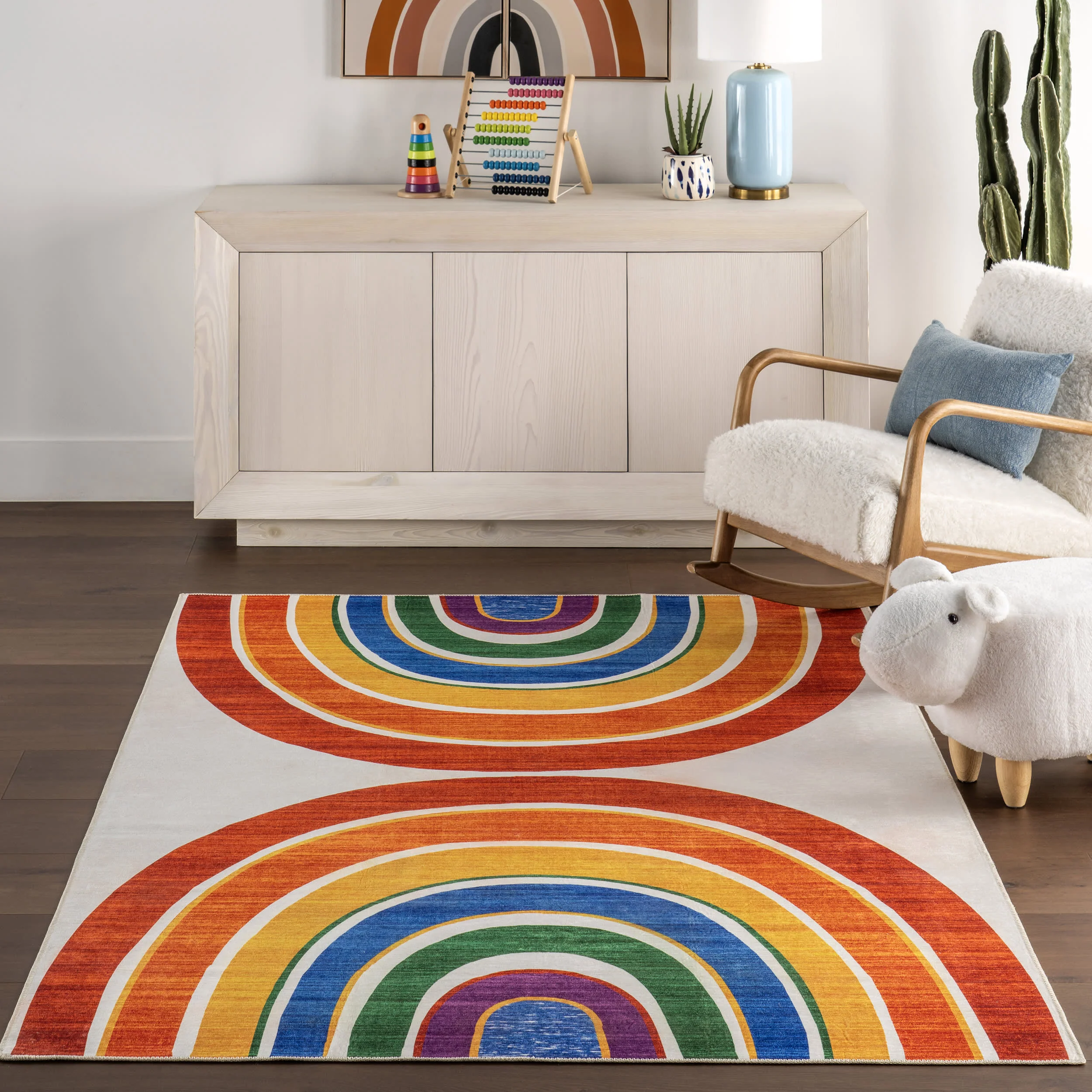 Matilda Kids Spill Proof Washable Double Rainbow Rug | White Multicolor - Image 5