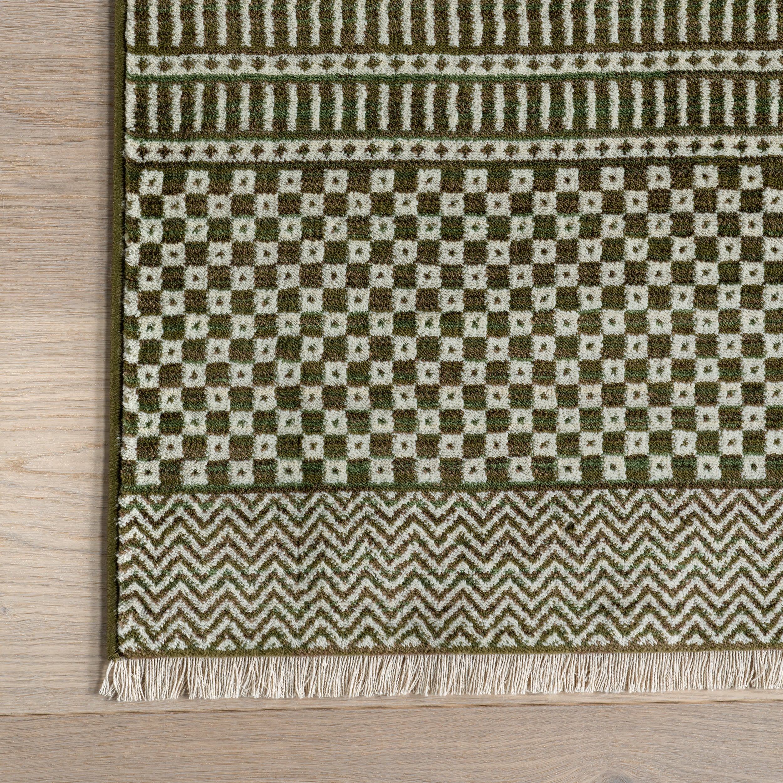 Maude Geometric Traditional Fringed Rug | Dark Sage - Image 3