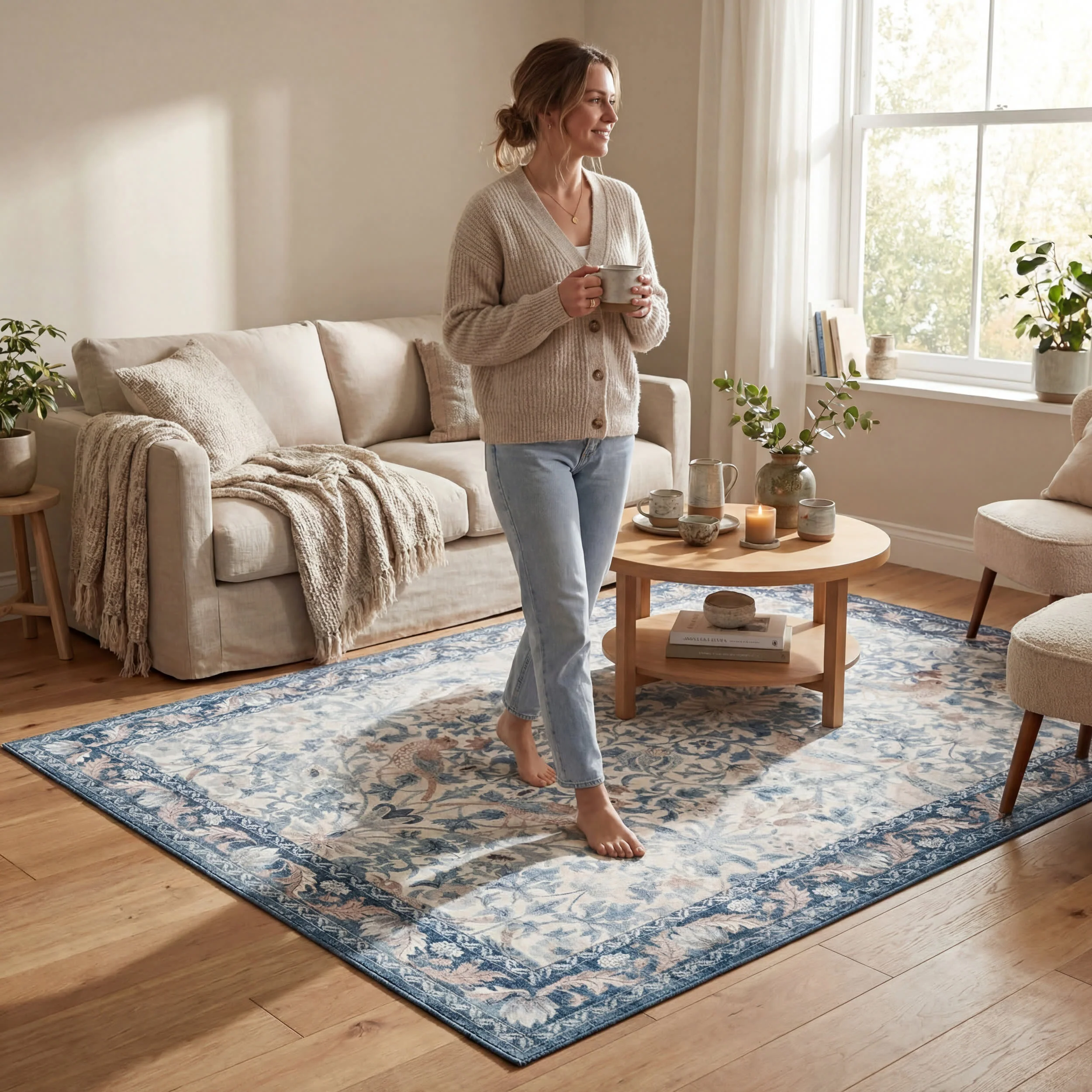 Mauri Bordered Floral and Paisley Washable Rug | Blue - Image 9