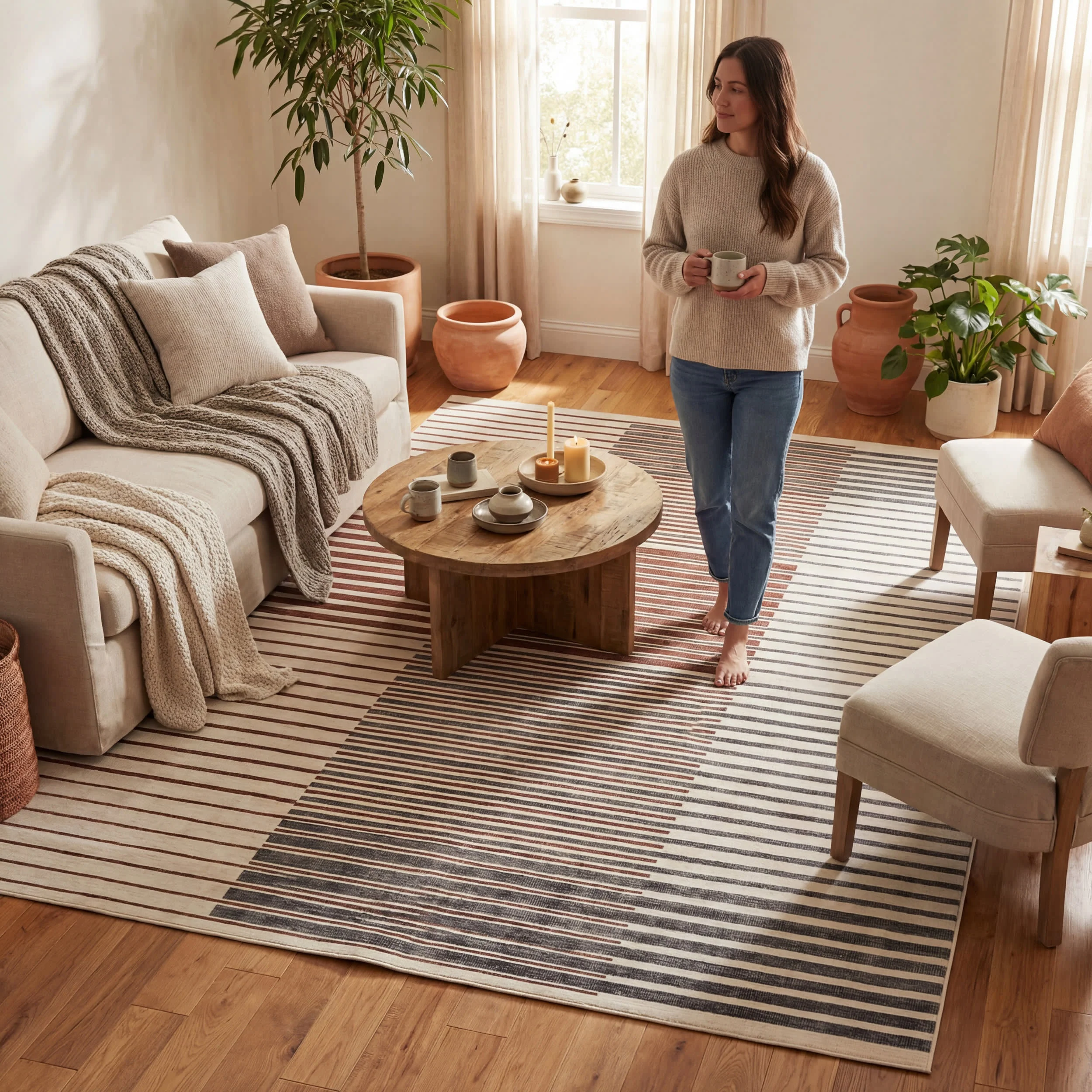 Mauzi Modern Striped Washable Rug | Rust - Image 9