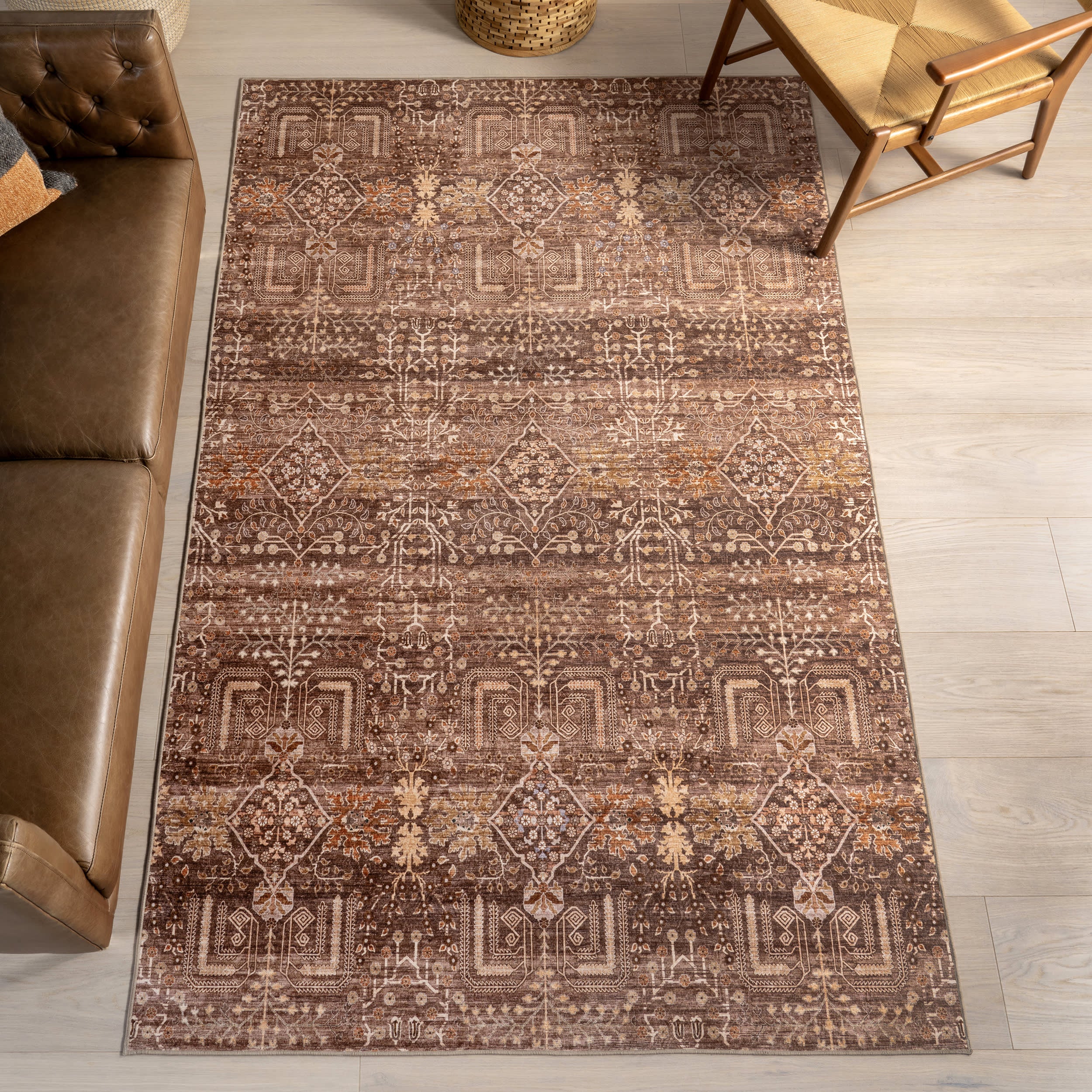 McKenna Floral Spill Proof Washable Rug | Brown - Image 2