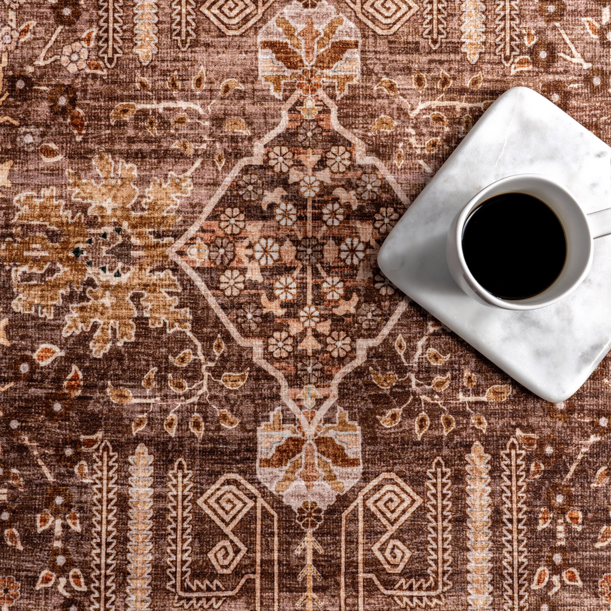 McKenna Floral Spill Proof Washable Rug | Brown - Image 8