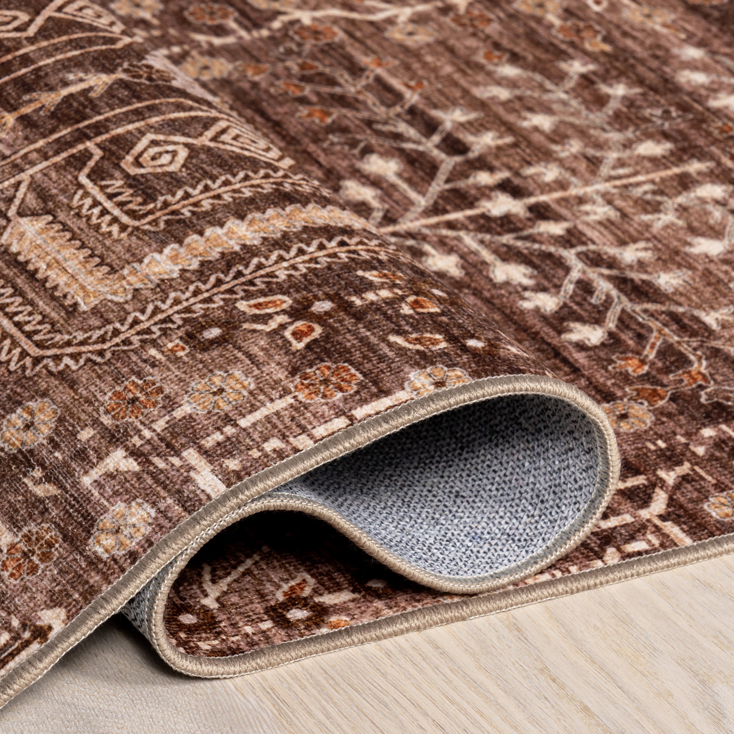 McKenna Floral Spill Proof Washable Rug | Brown - Image 9