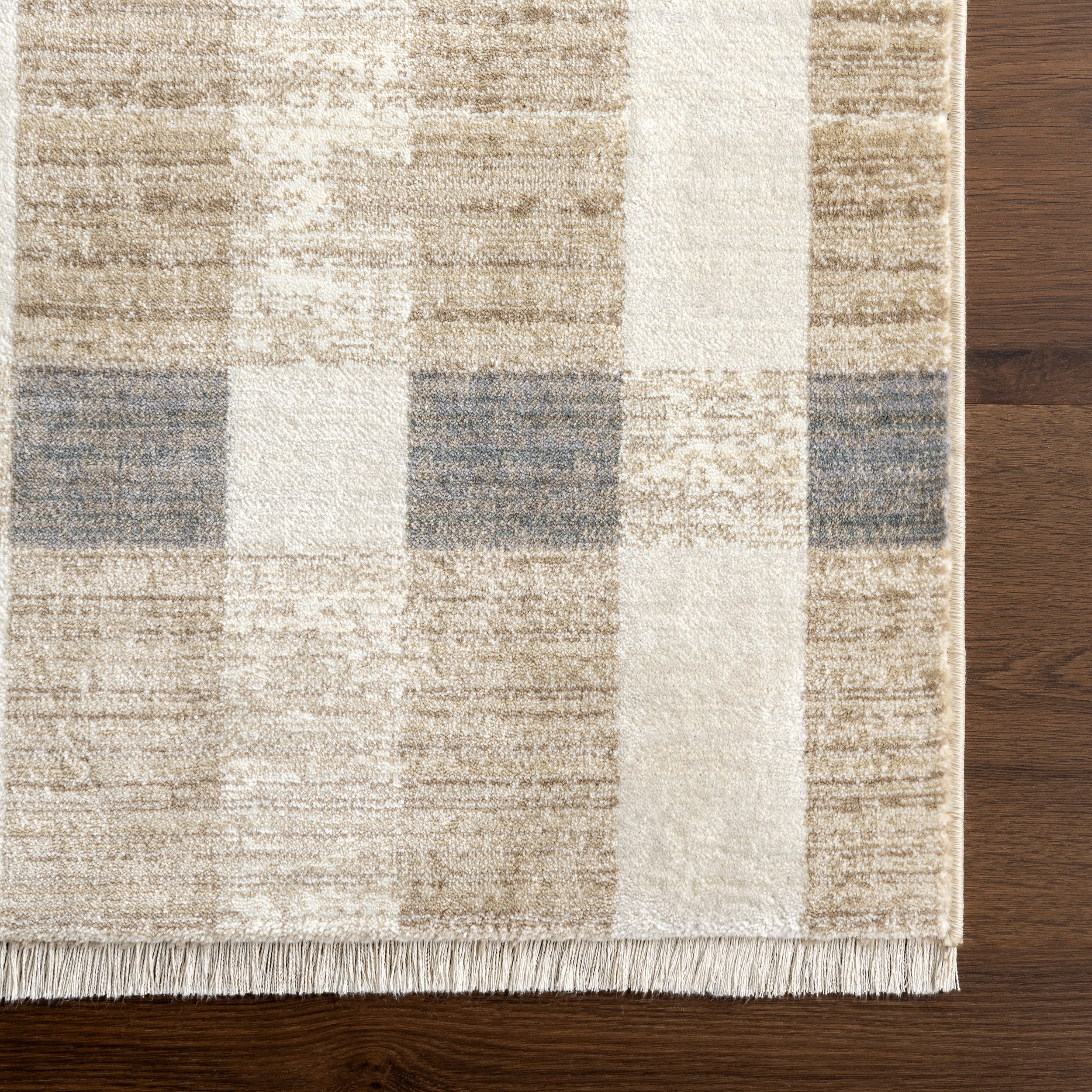 Mckinley Vintage Plaid Fringed Rug | Light Beige - Image 4