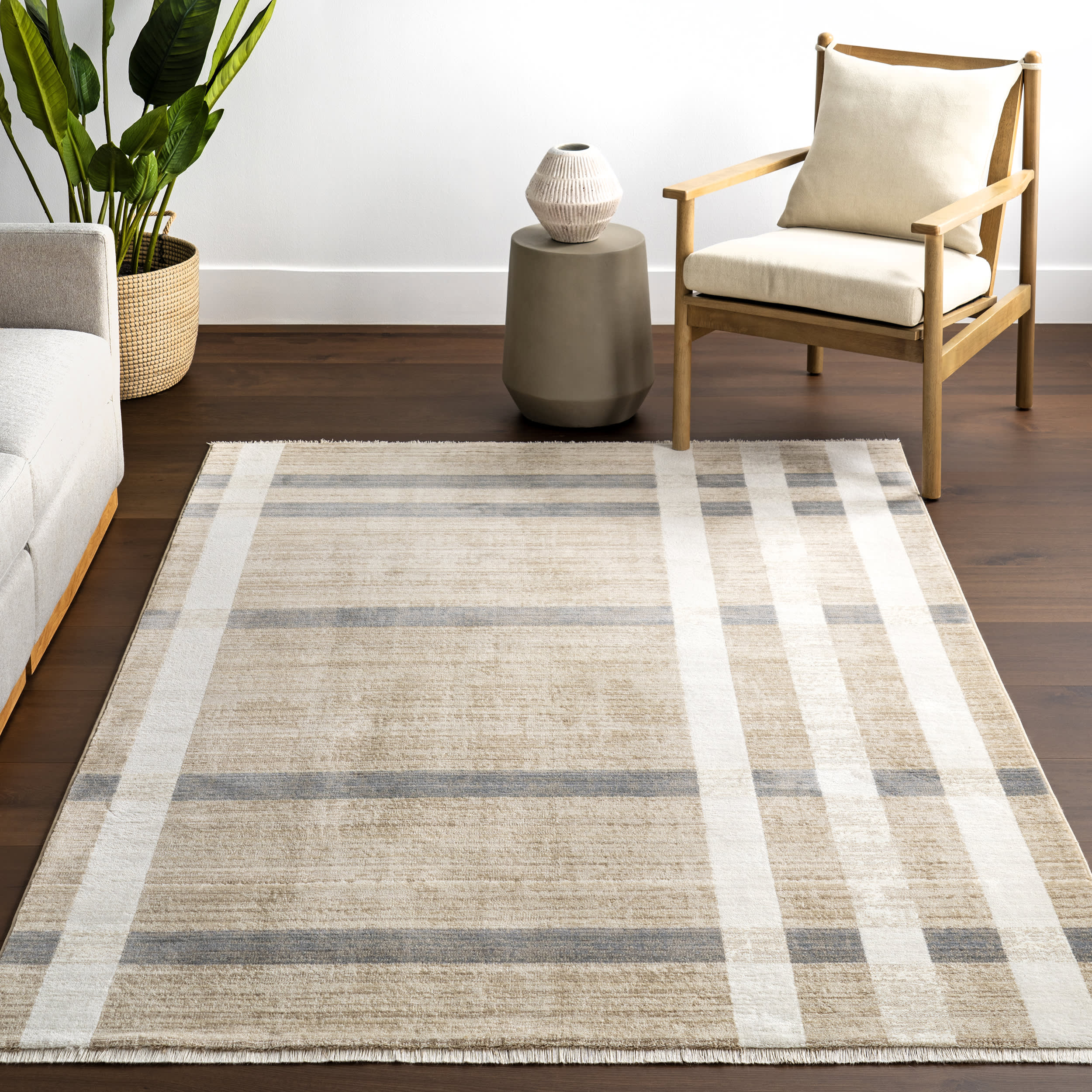 Mckinley Vintage Plaid Fringed Rug | Light Beige - Image 5